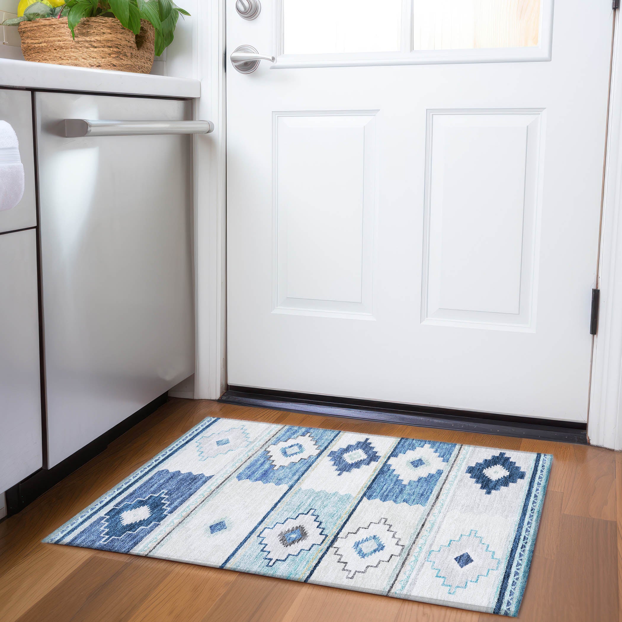 Havana Machine Washable Southwest Blue Ivory Rug 1'8" x 2'6" #shape_Rectangle