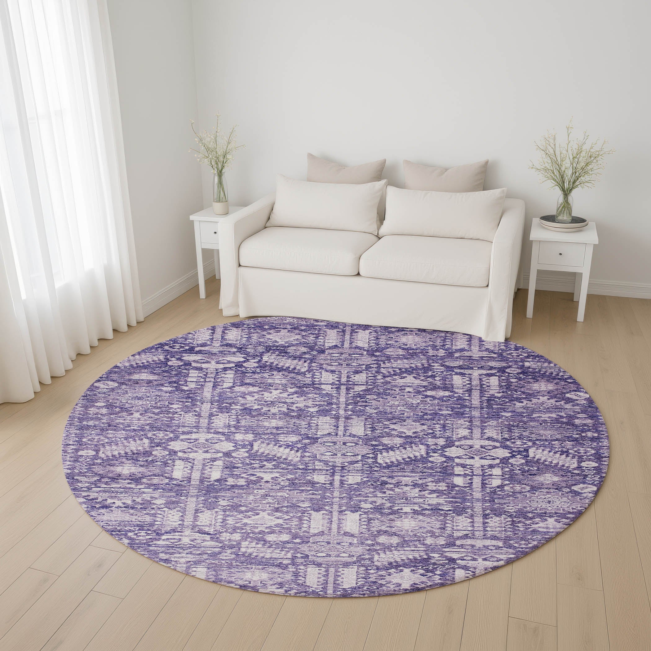 Bern Machine Washable Transitional Purple Rug 8' x 8' #shape_Round