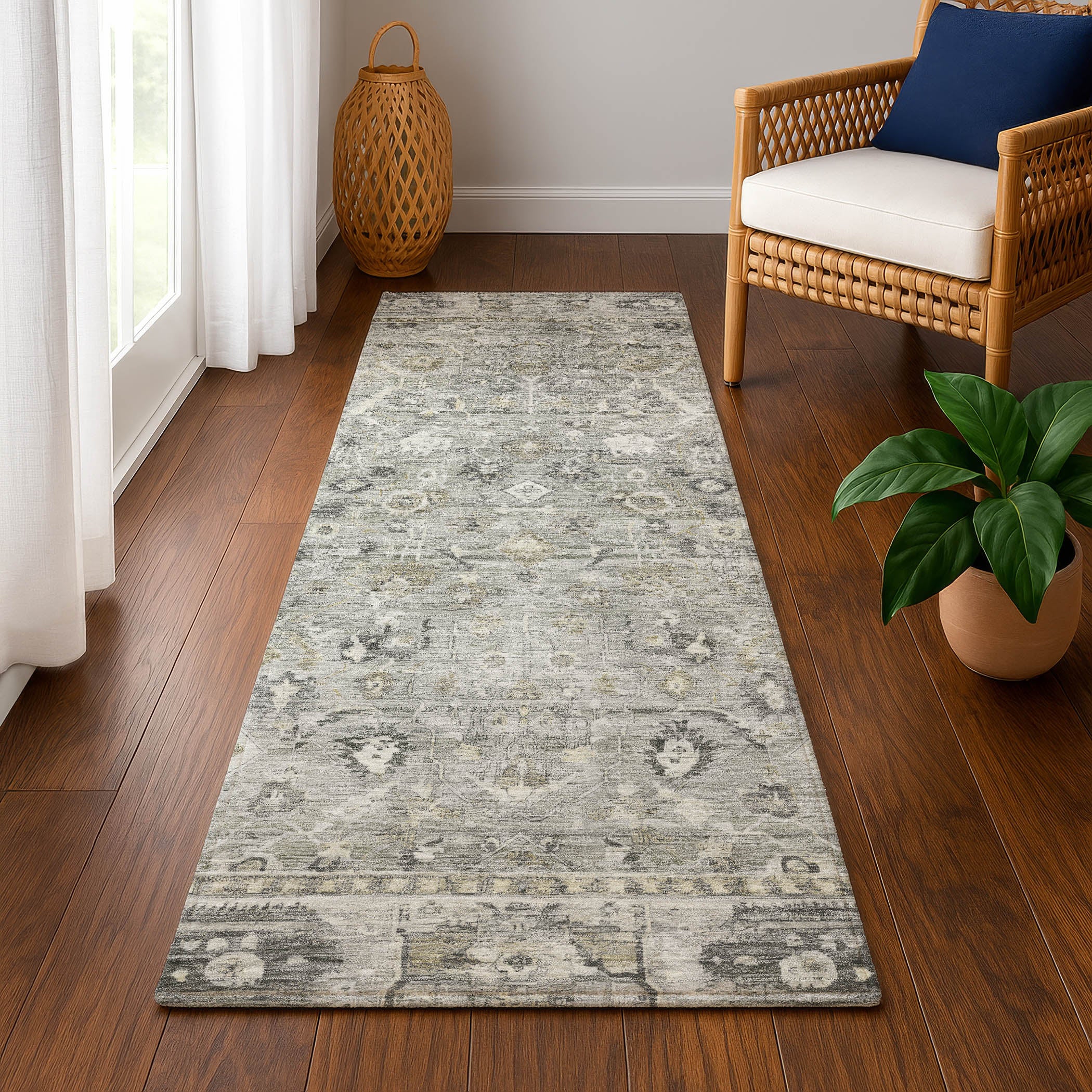 Cairo Machine Washable Traditional Pewter Gray Rug 2'3" x 7'6" #shape_Runner