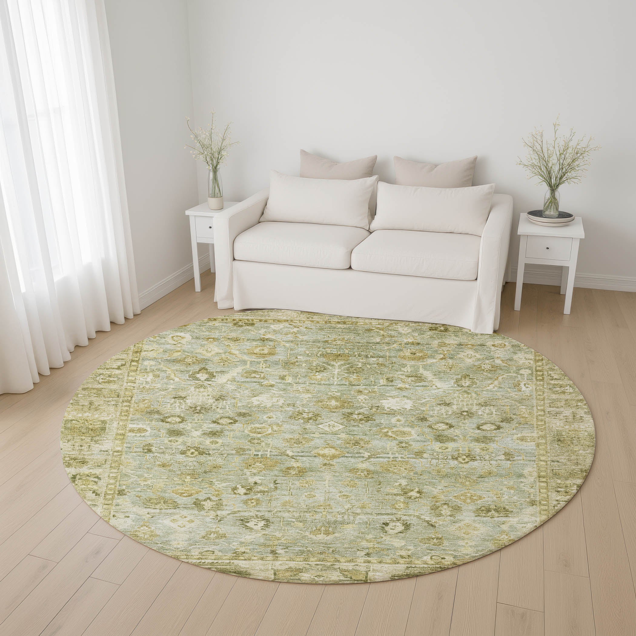 Cairo Machine Washable Traditional Sage Green Rug 8' x 8' #shape_Round