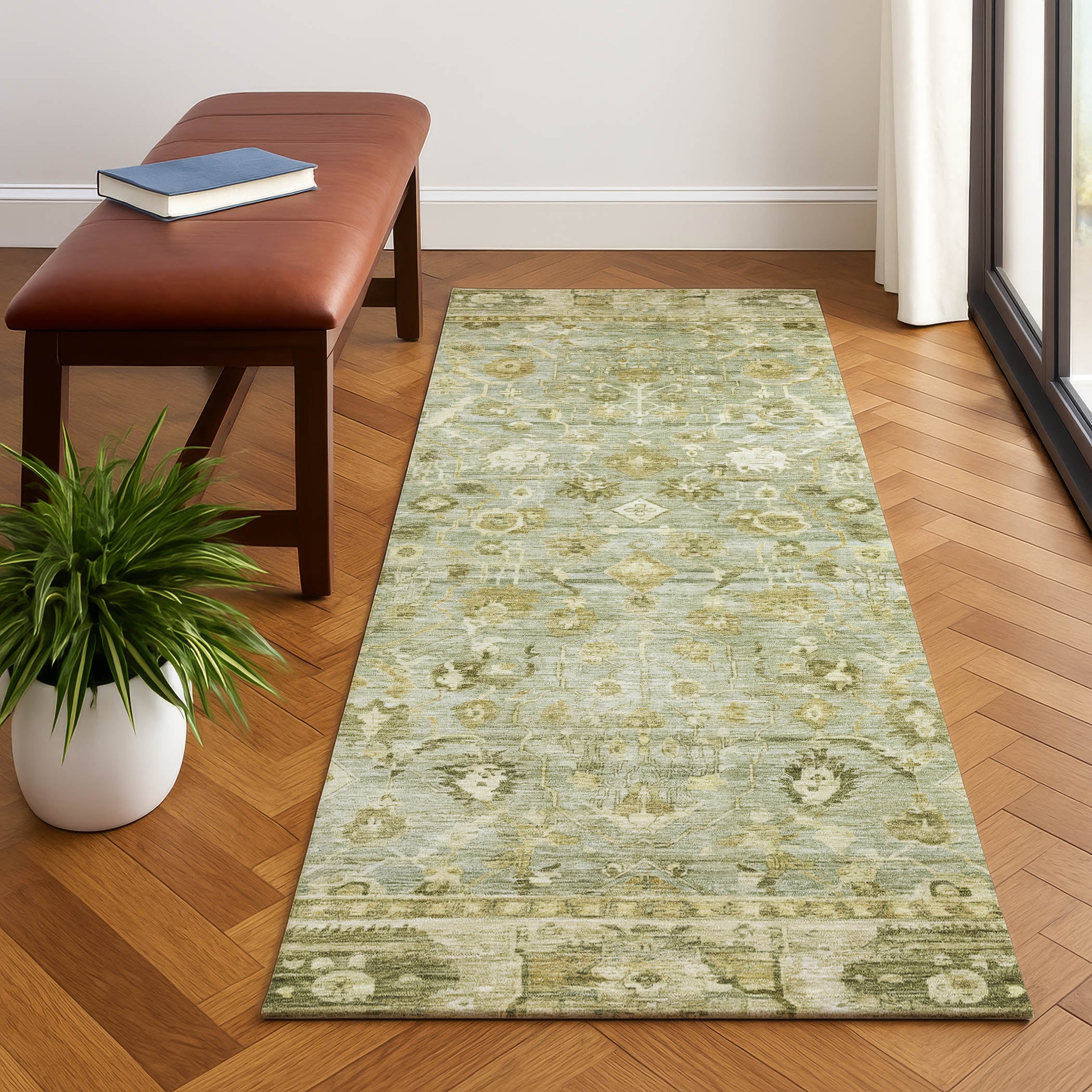 Cairo Machine Washable Traditional Sage Green Rug 2'3" x 7'6" #shape_Runner