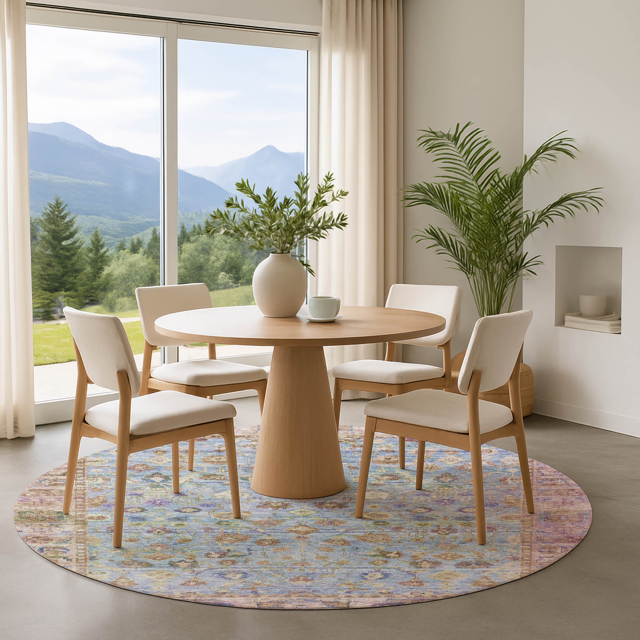 Cairo Machine Washable Traditional Seafoam Blue Rug 8' x 8' #shape_Round