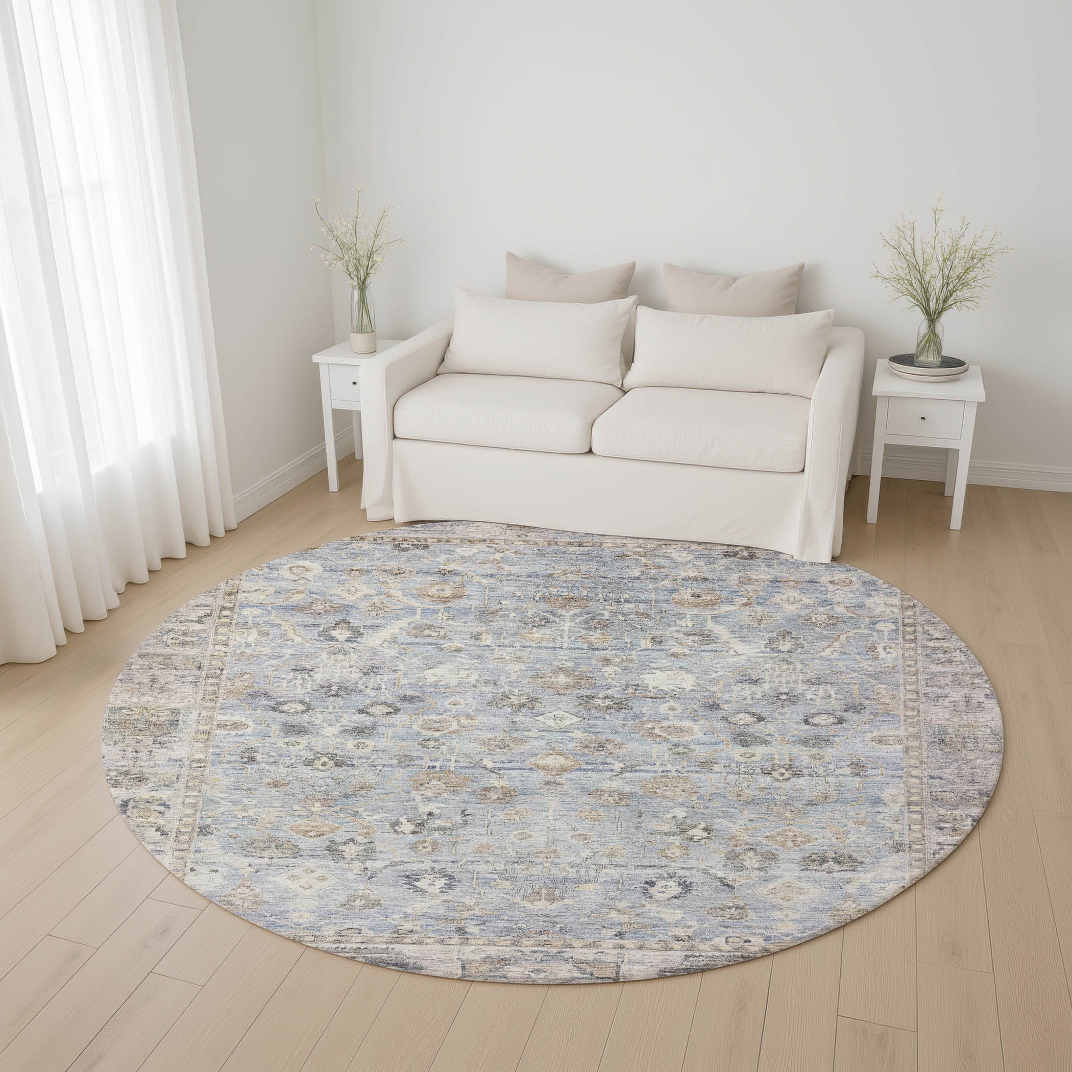 Cairo Machine Washable Traditional Sky Blue Rug 8' x 8' #shape_Round