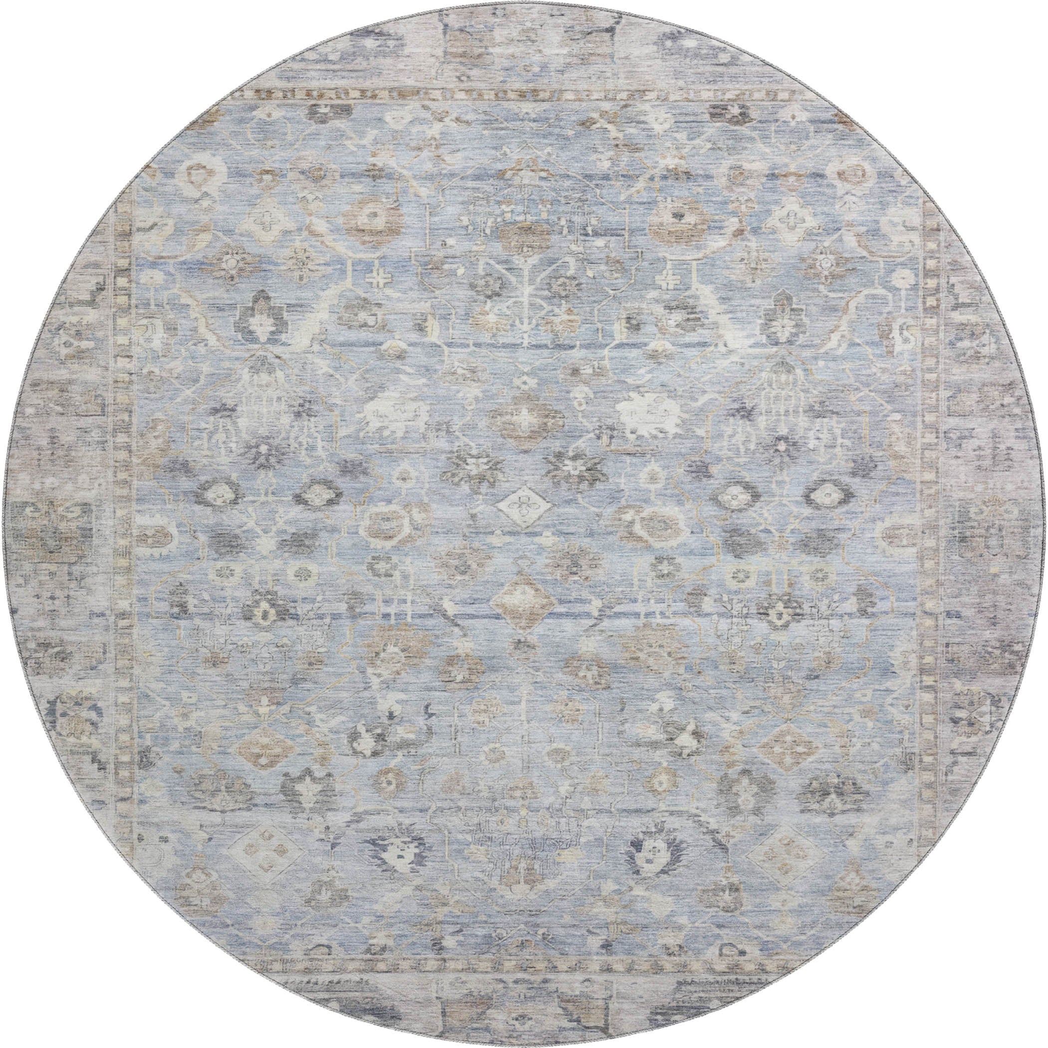 Cairo Machine Washable Traditional Sky Blue Rug 8' x 8' #shape_Round