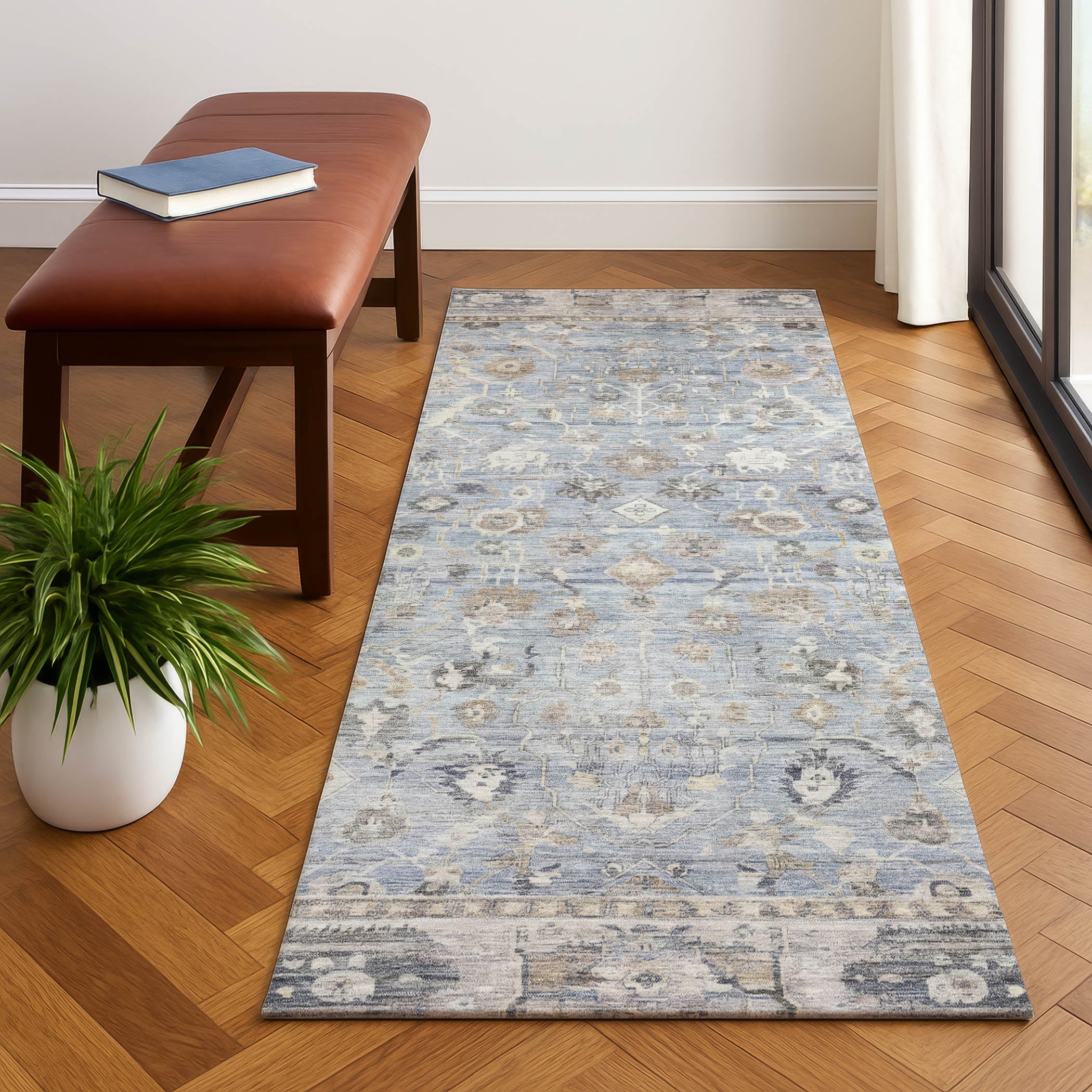 Cairo Machine Washable Traditional Sky Blue Rug 2'3" x 7'6" #shape_Runner
