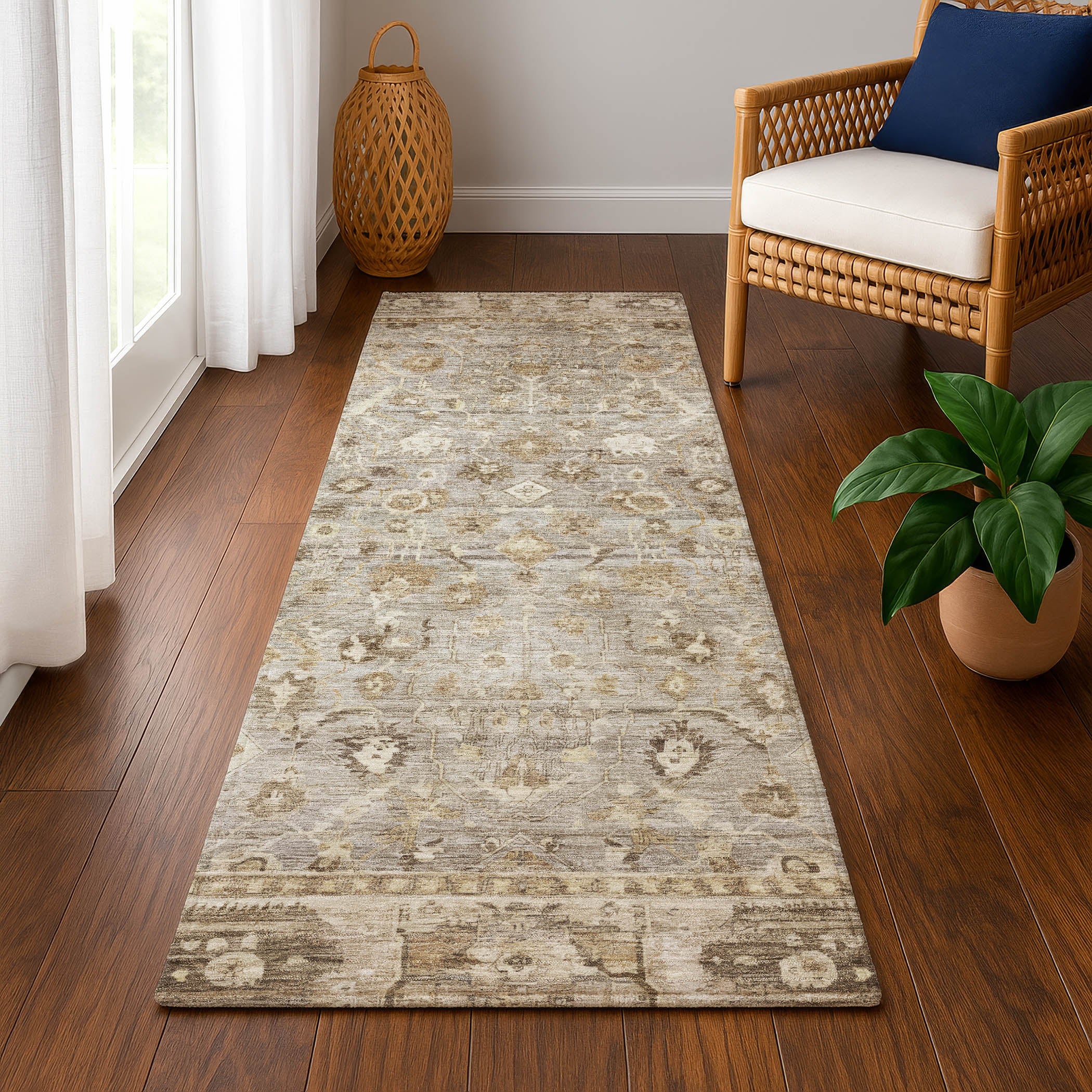 Cairo Machine Washable Traditional Taupe Brown Rug 2'3" x 7'6" #shape_Runner