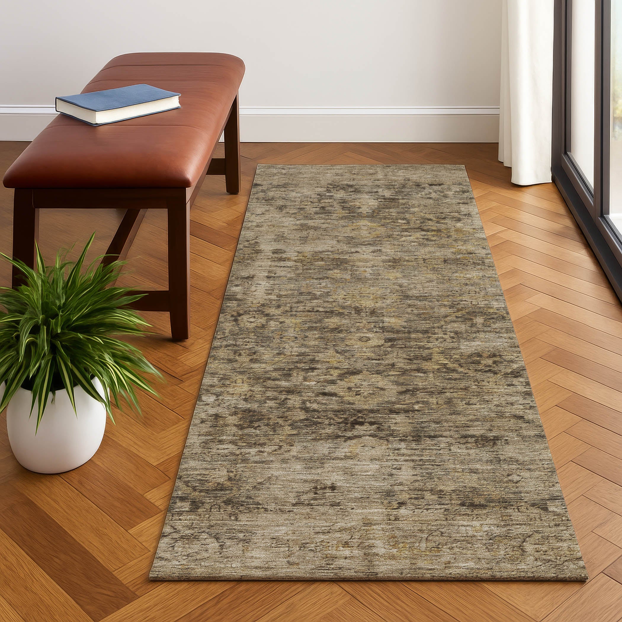 Bern Machine Washable Traditional Brown Rug 2'3" x 7'6" #shape_Runner