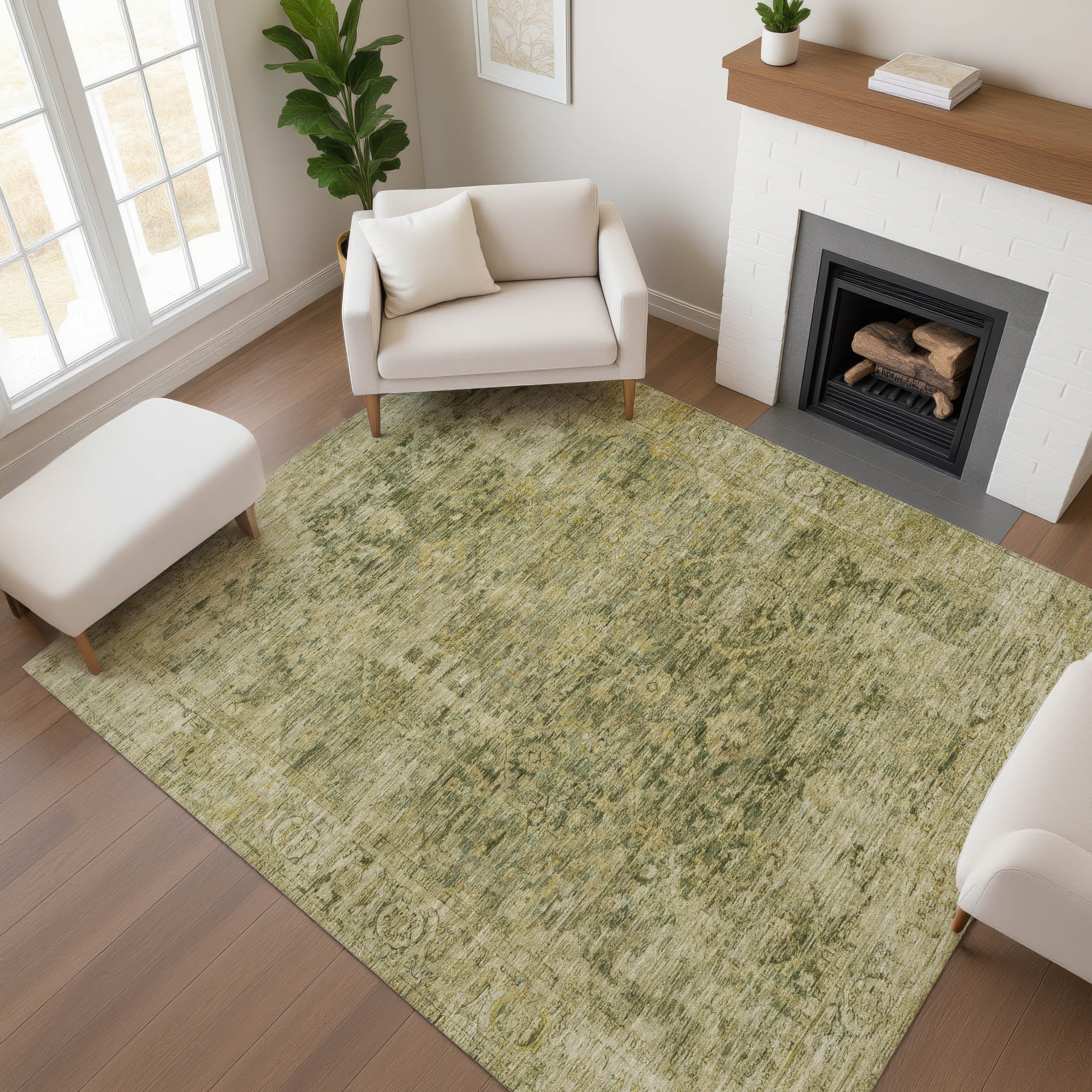 Bern Machine Washable Traditional Green Rug 2'6" x 3'10" #shape_Rectangle