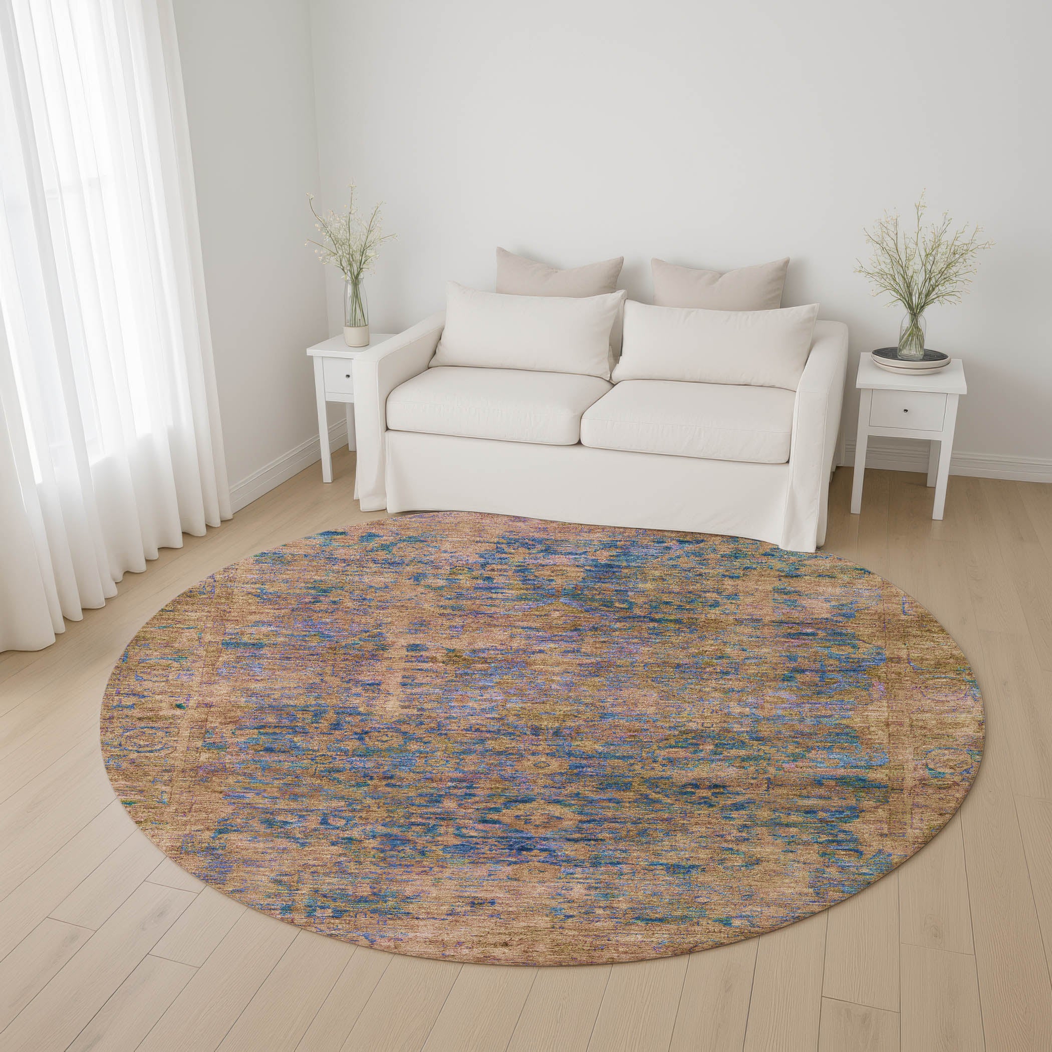 Bern Machine Washable Traditional Navy Blue Rug 8' x 8' #shape_Round
