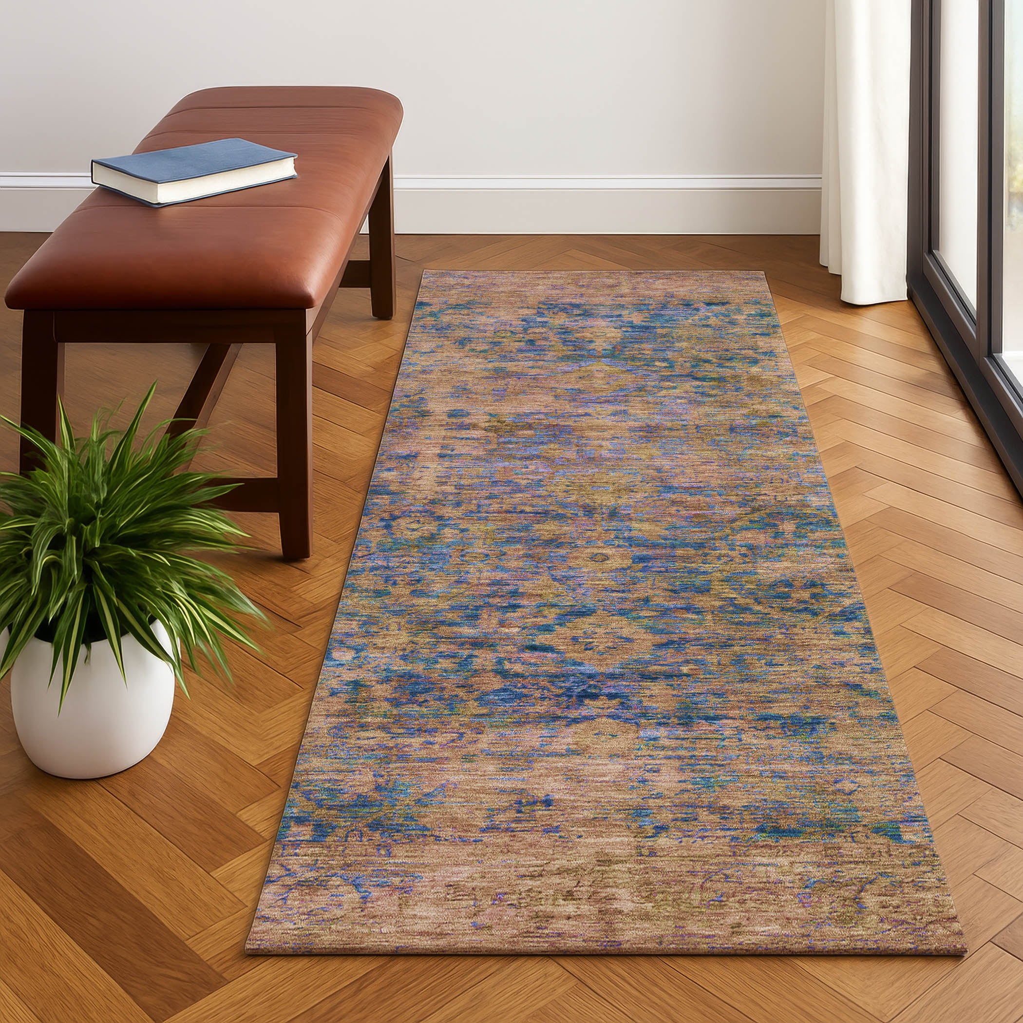 Bern Machine Washable Traditional Navy Blue Rug 2'3" x 7'6" #shape_Runner