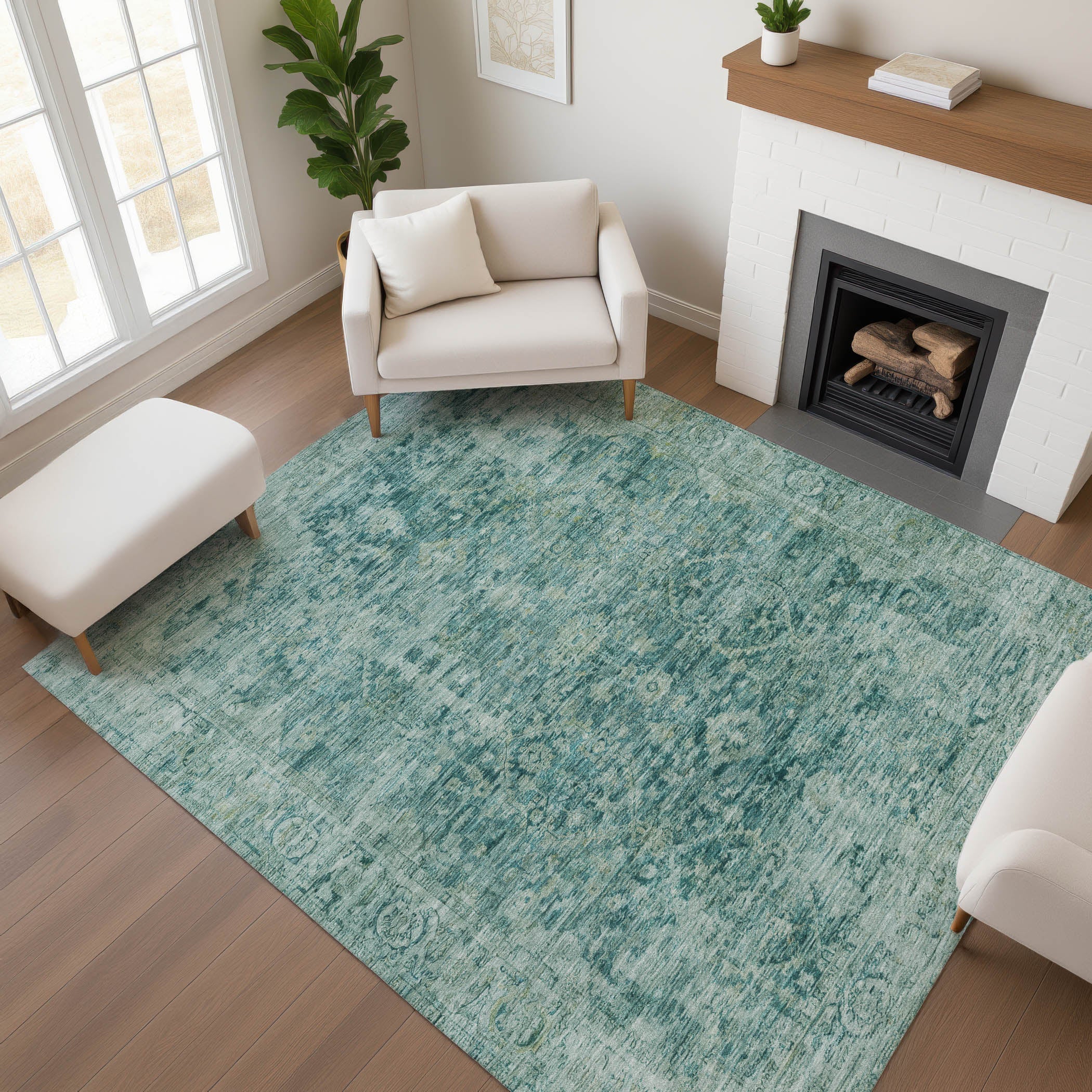 Bern Machine Washable Traditional Teal Rug 2'6" x 3'10" #shape_Rectangle