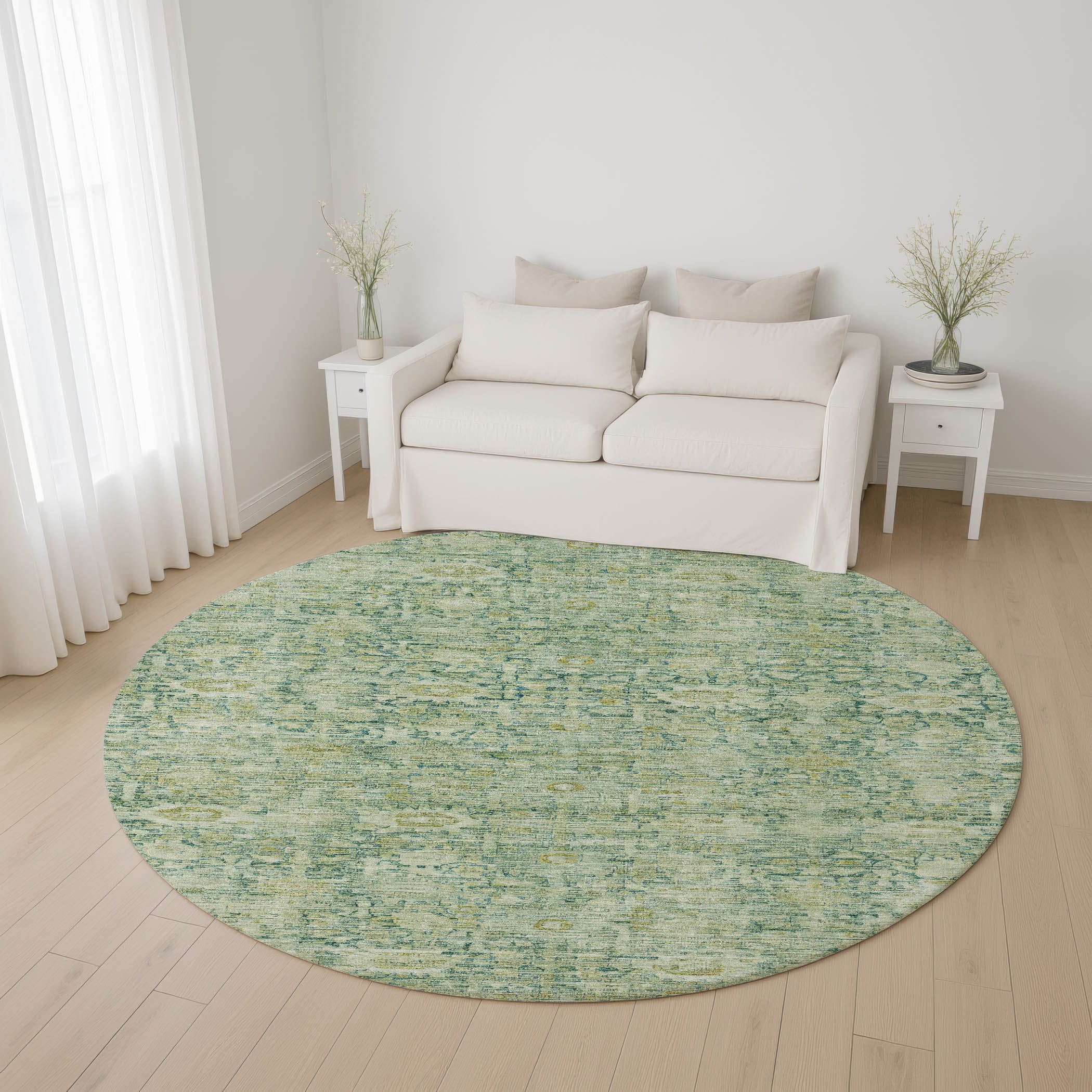 Siena Machine Washable Transitional Aloe Green Rug 8' x 8' #shape_Round