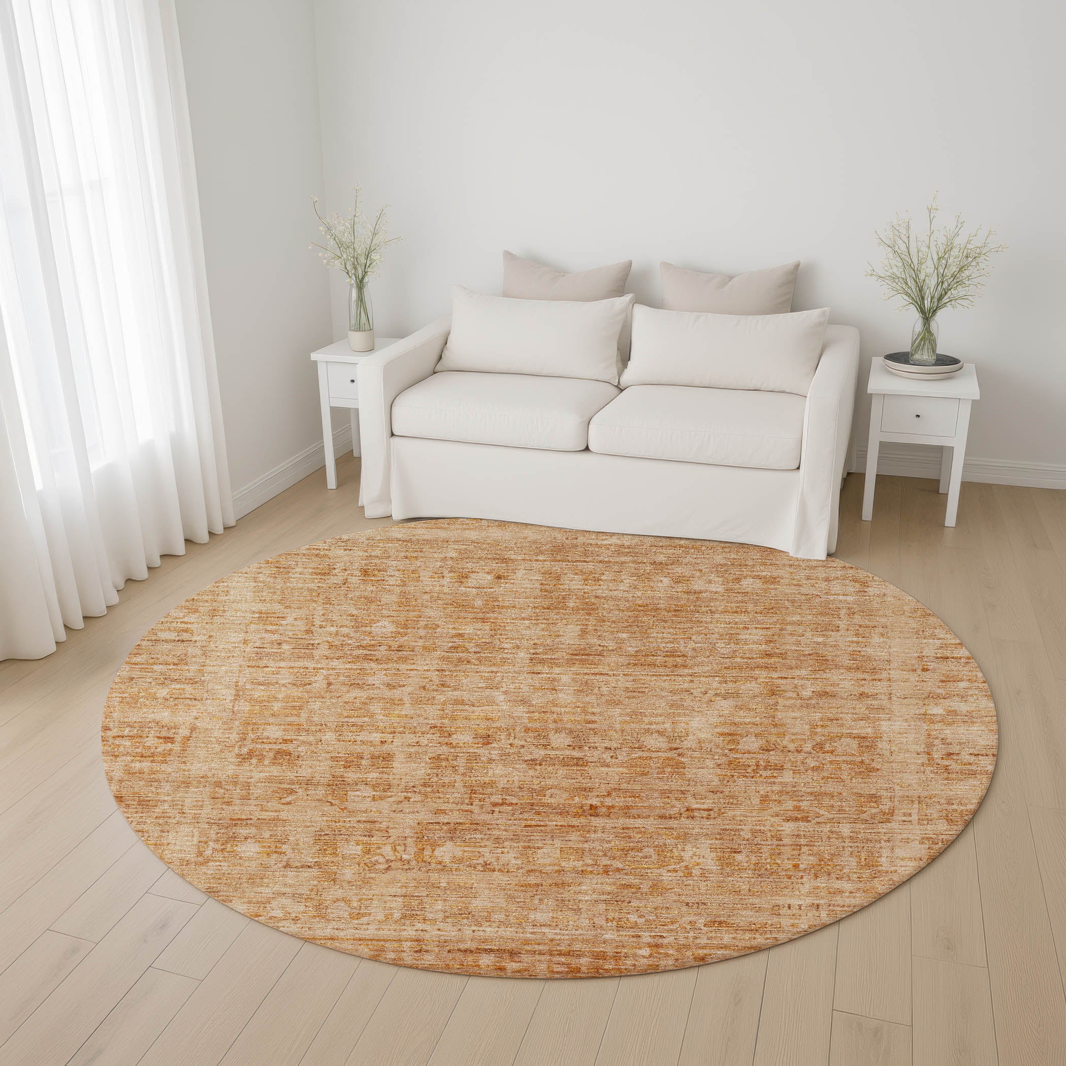 Luang Prabang Machine Washable Transitional Coral Orange Rug 8' x 8' #shape_Round
