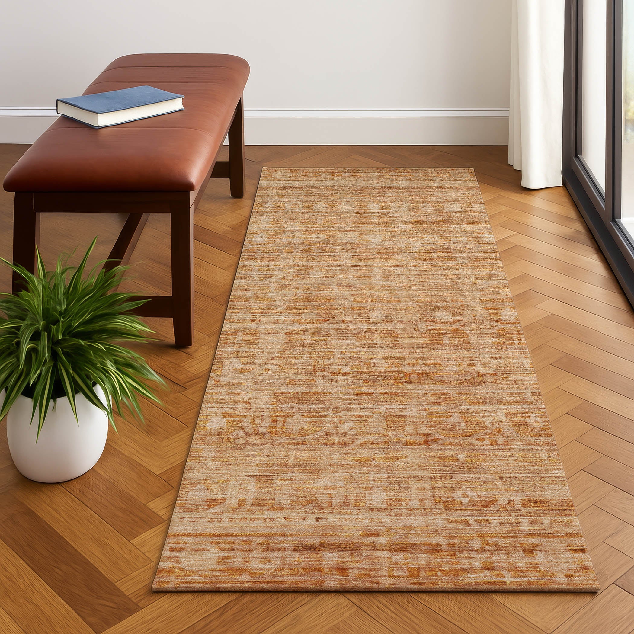 Luang Prabang Machine Washable Transitional Coral Orange Rug 2'3" x 7'6" #shape_Runner