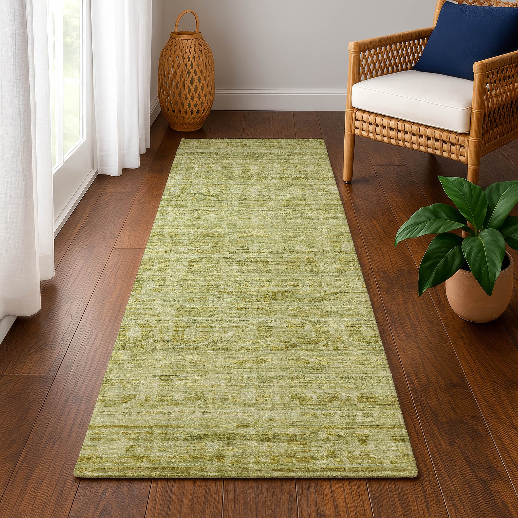 Luang Prabang Machine Washable Transitional Sage Green Rug 2'3" x 7'6" #shape_Runner