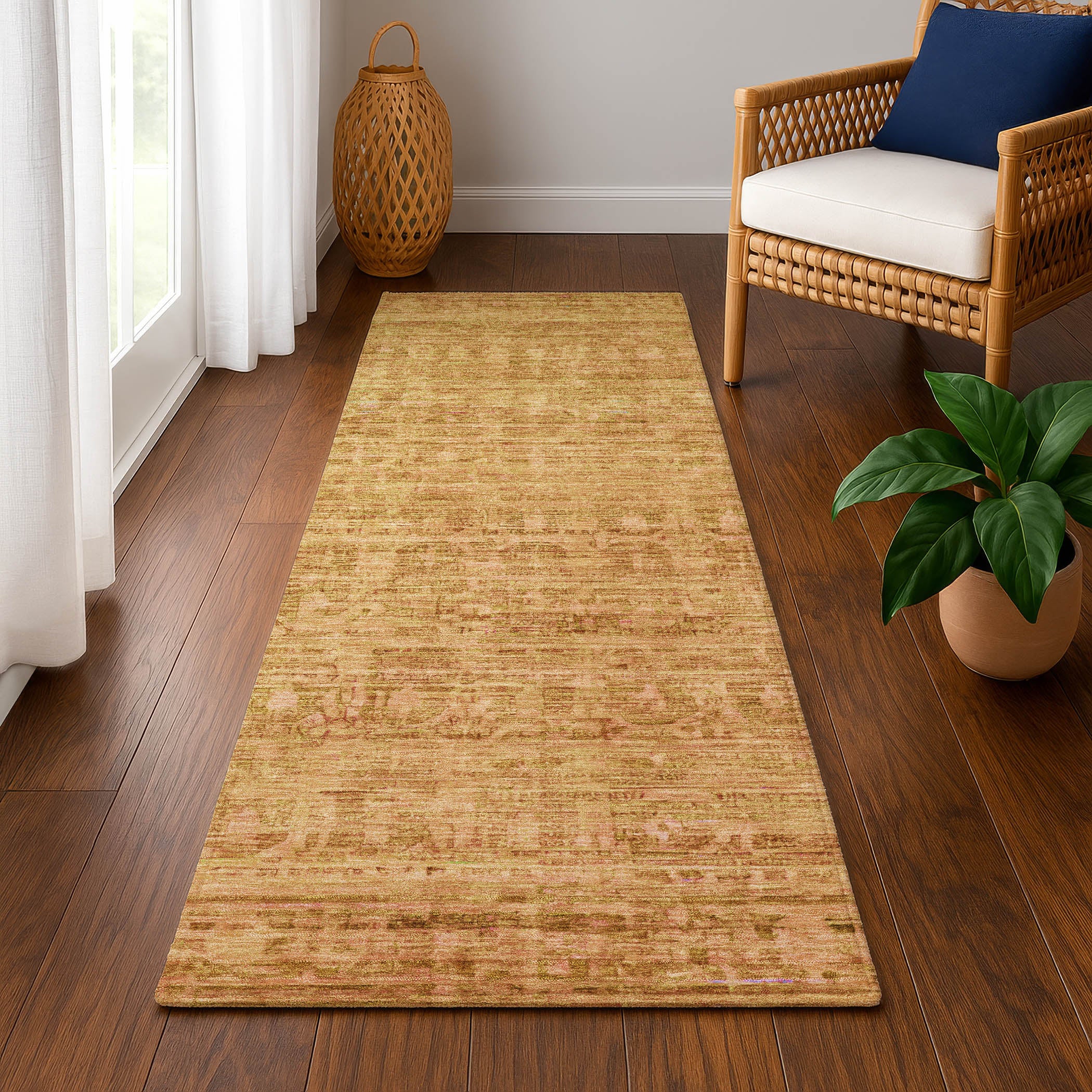 Luang Prabang Machine Washable Transitional Salmon Orange Rug 2'3" x 7'6" #shape_Runner