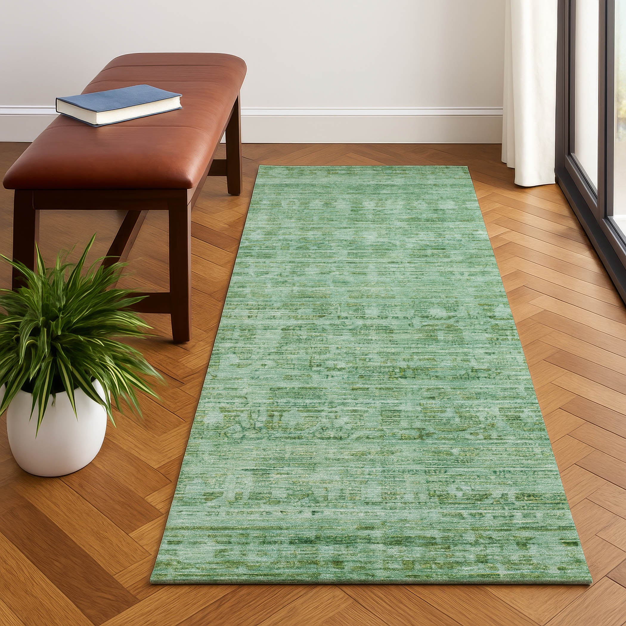 Luang Prabang Machine Washable Transitional Teal Rug 2'3" x 7'6" #shape_Runner