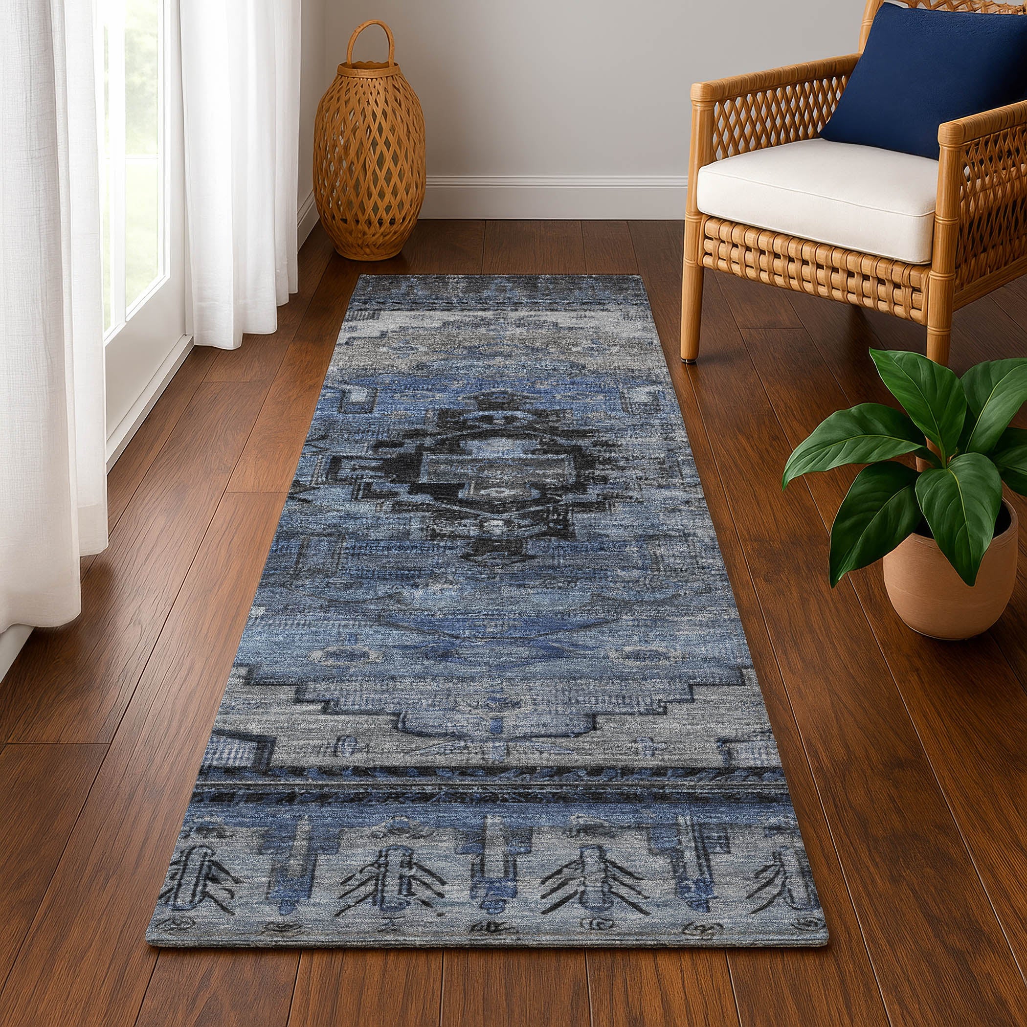 Rome Machine Washable Transitional Blue Rug 2'3" x 7'6" #shape_Runner