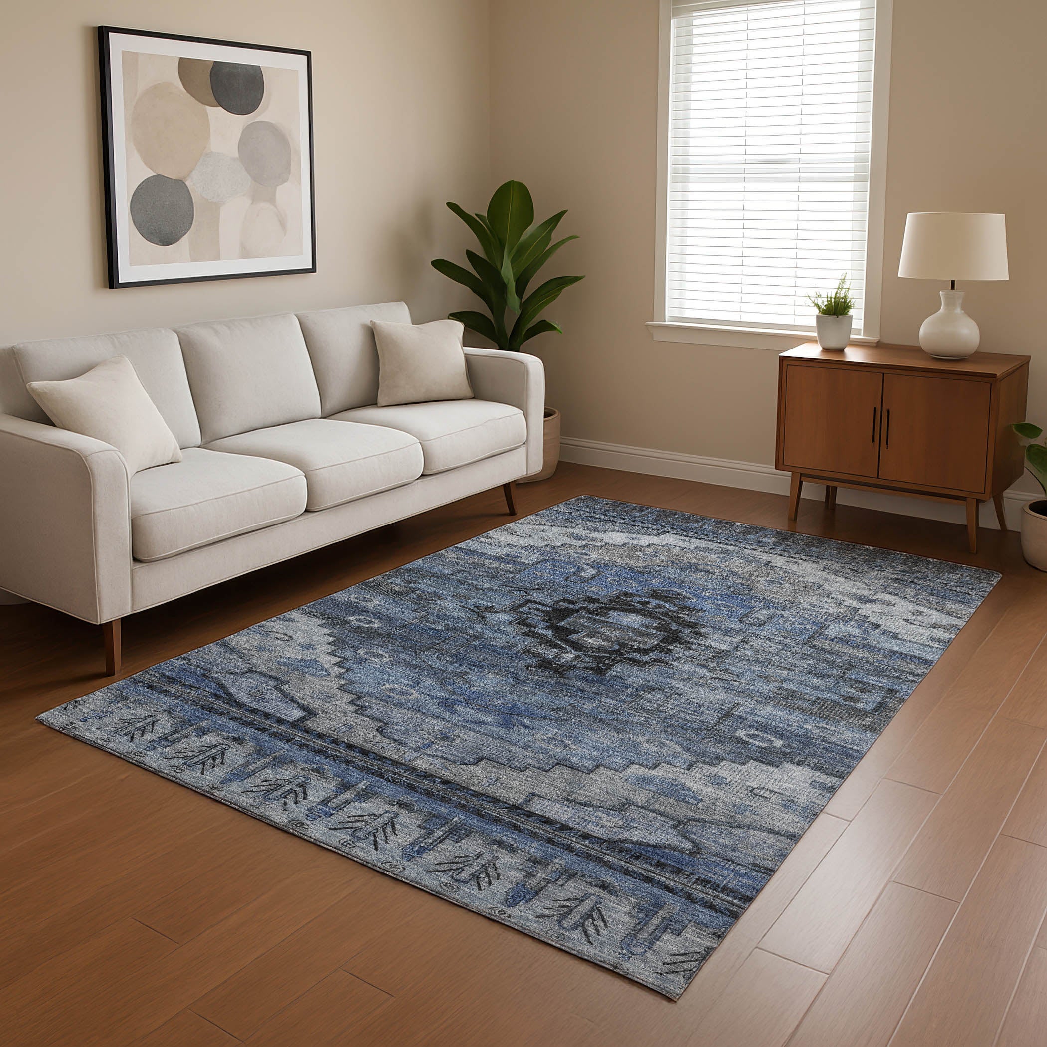 Rome Machine Washable Transitional Blue Rug 2'6" x 3'10" #shape_Rectangle
