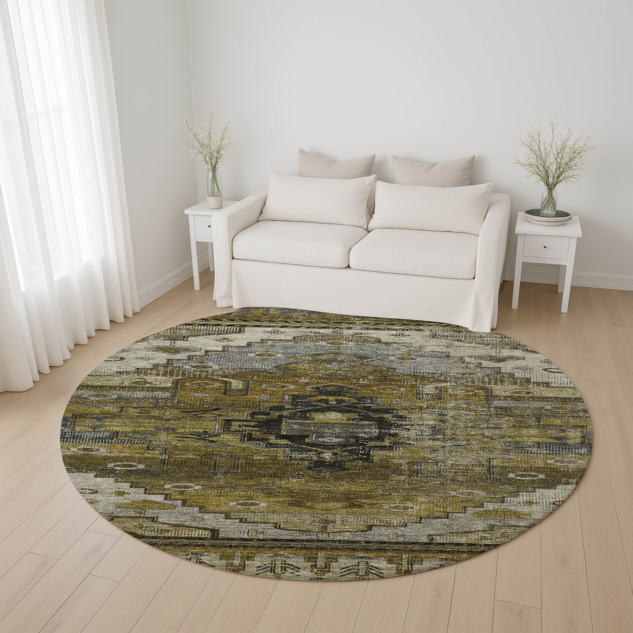 Rome Machine Washable Transitional Brown Rug 8' x 8' #shape_Round