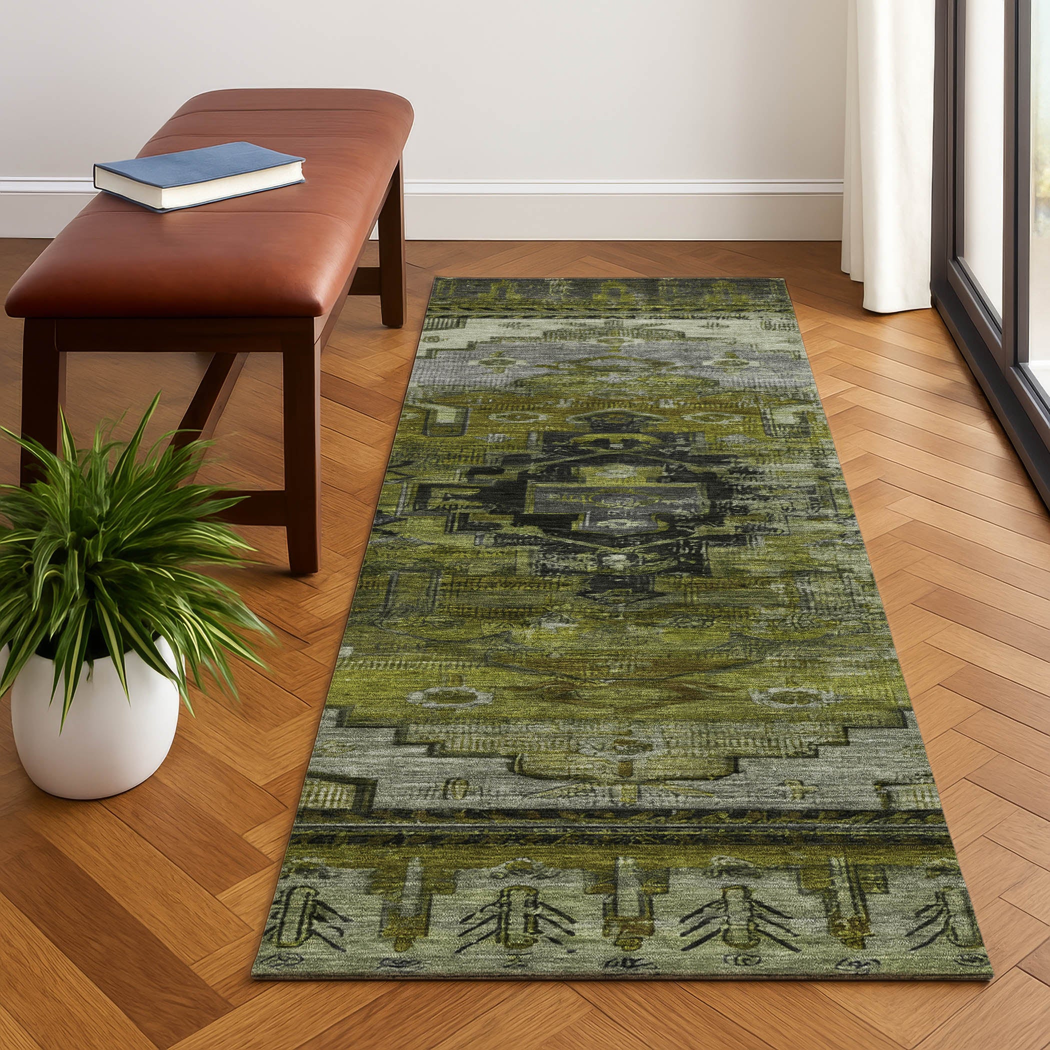 Rome Machine Washable Transitional Olive Green Rug 2'3" x 7'6" #shape_Runner