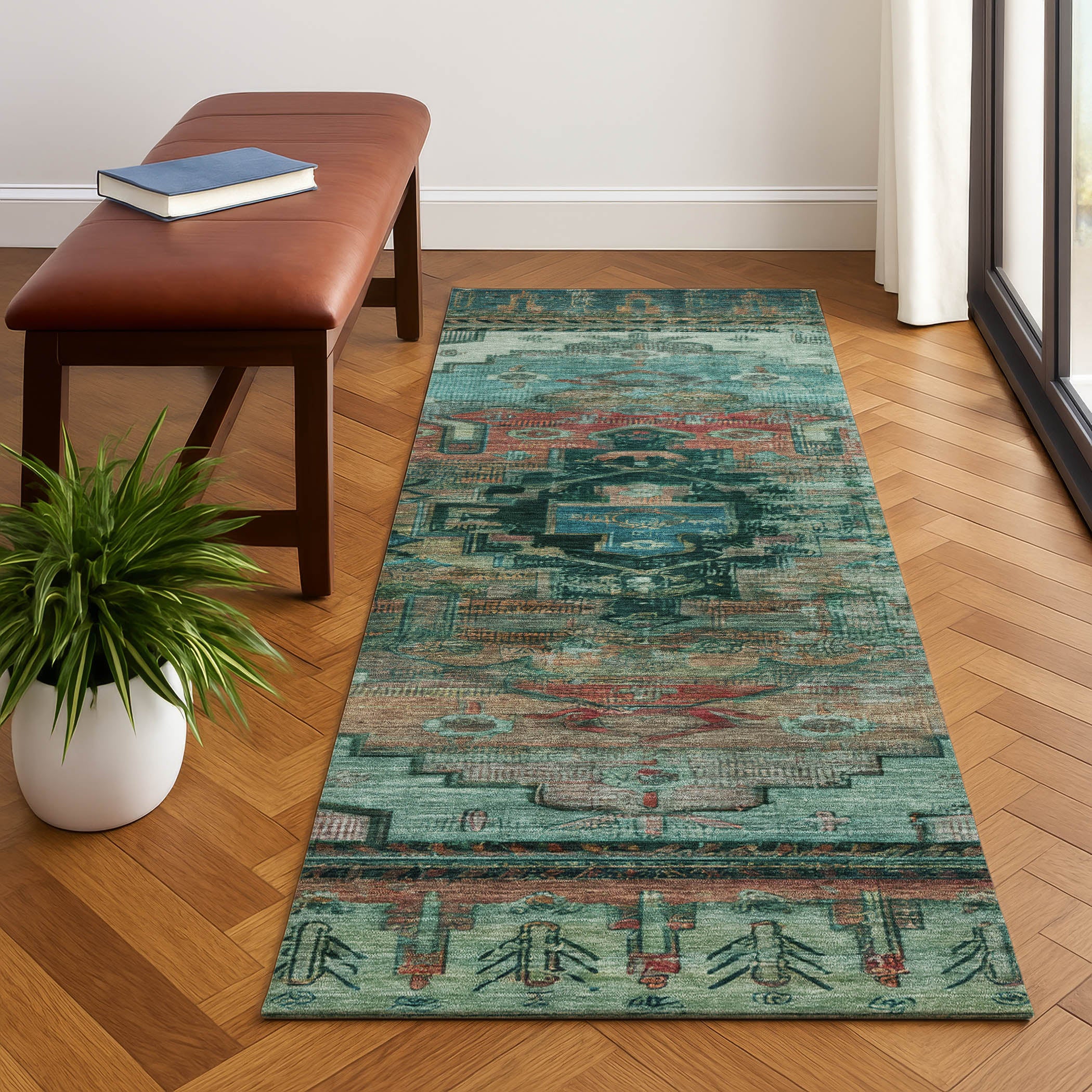 Rome Machine Washable Transitional Teal Rug 2'3" x 7'6" #shape_Runner