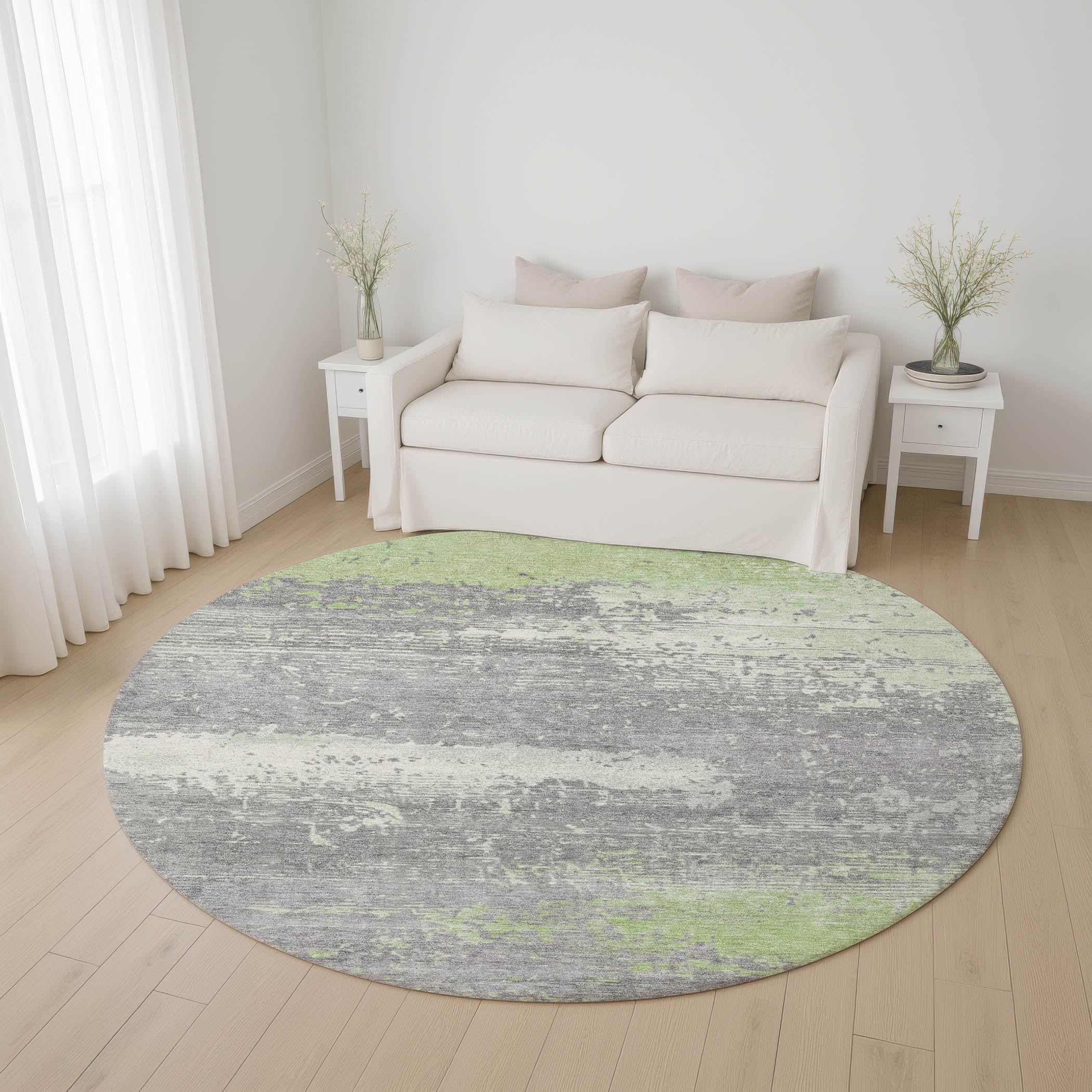 Porto Machine Washable Transitional Aloe Green Rug 8' x 8' #shape_Round