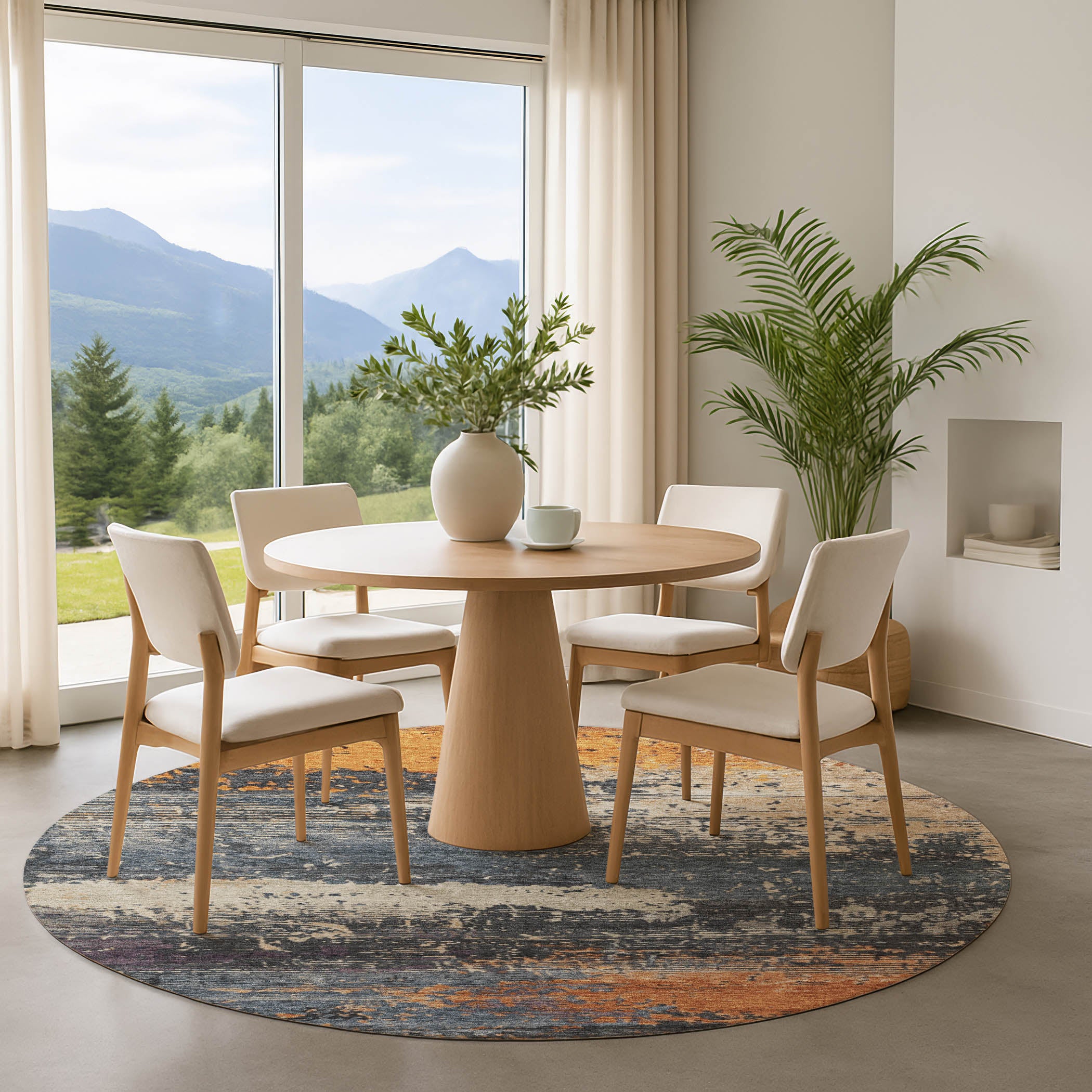 Porto Machine Washable Transitional Blue Rug 8' x 8' #shape_Round