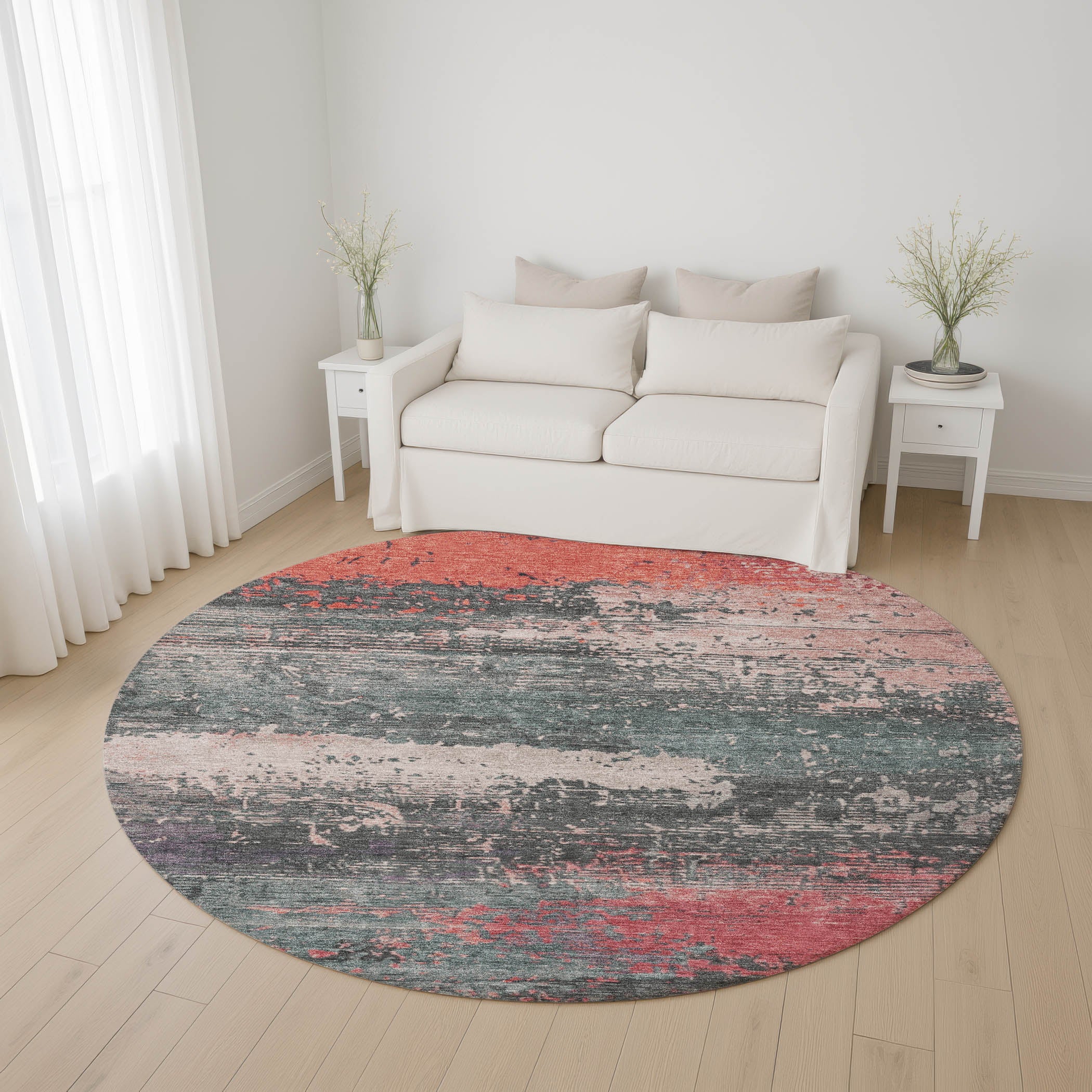 Porto Machine Washable Transitional Coral Orange Rug 8' x 8' #shape_Round