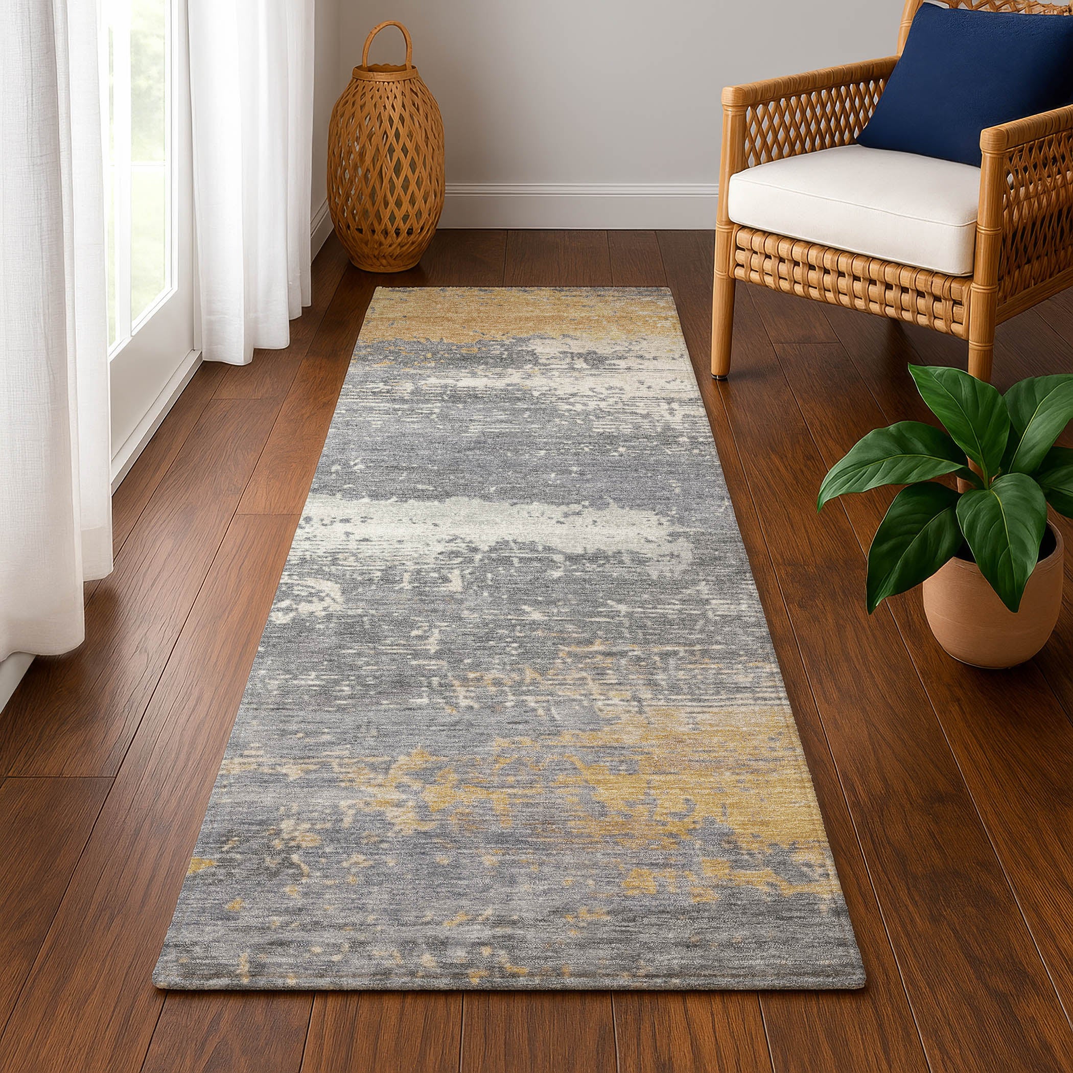 Porto Machine Washable Transitional Gold Rug 2'3" x 7'6" #shape_Runner