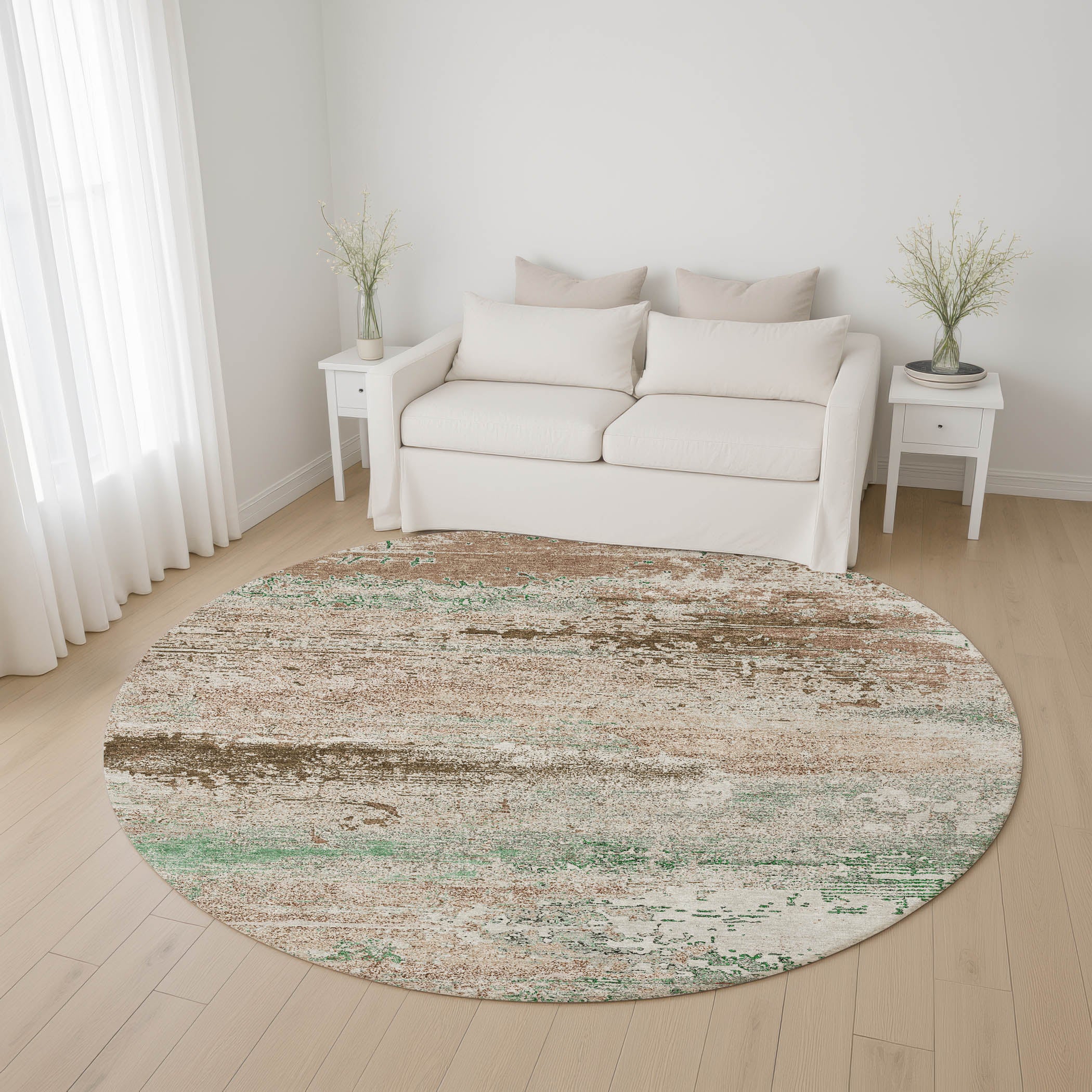 Porto Machine Washable Transitional Khaki Brown Rug 8' x 8' #shape_Round