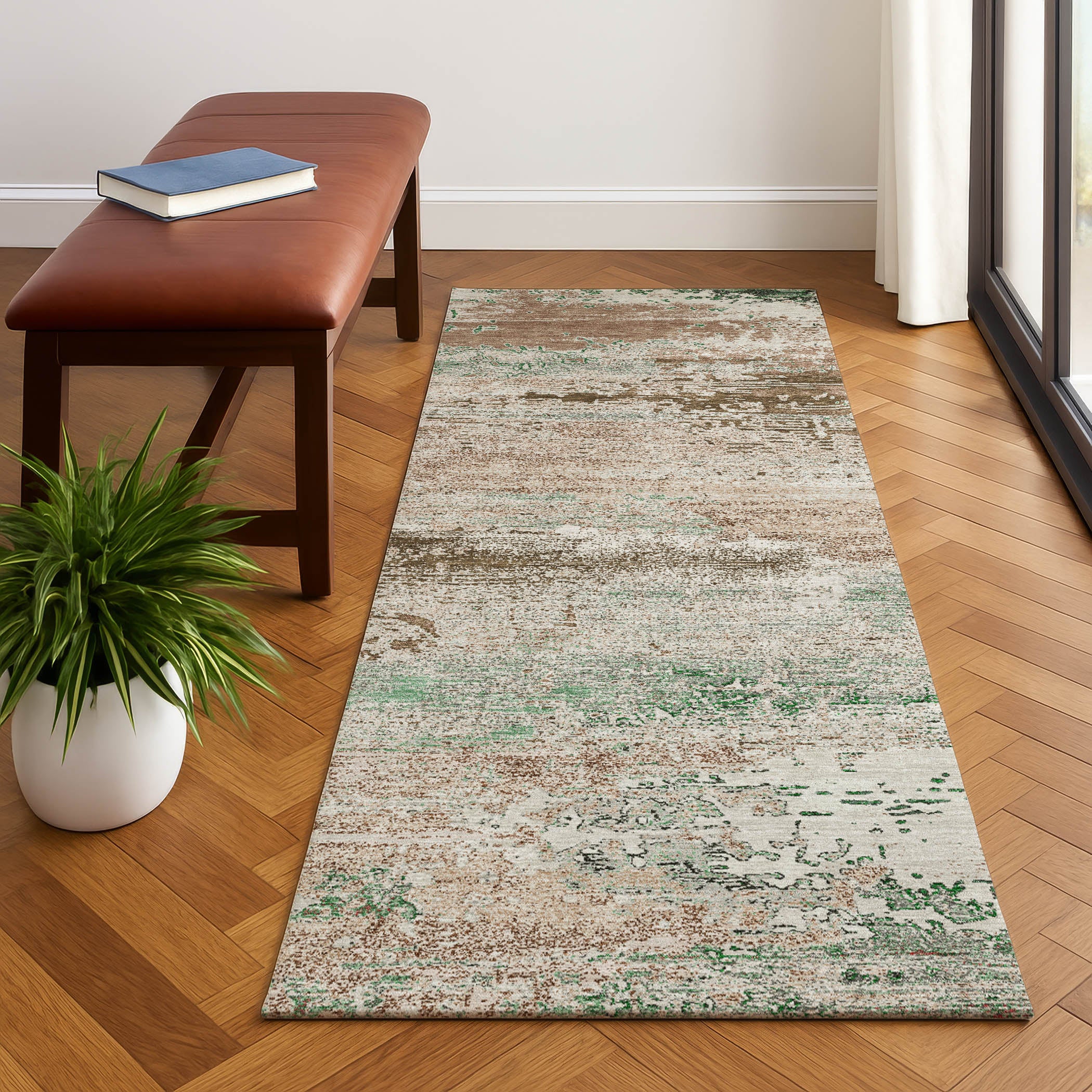 Porto Machine Washable Transitional Khaki Brown Rug 2'3" x 7'6" #shape_Runner