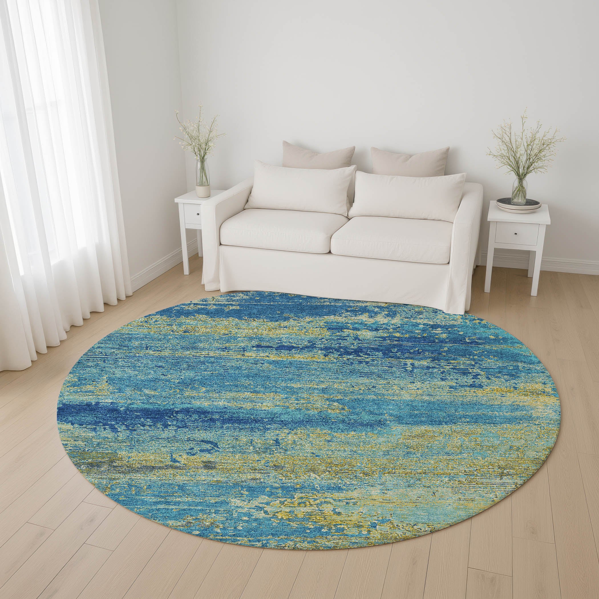 Porto Machine Washable Transitional Navy Blue Rug 8' x 8' #shape_Round
