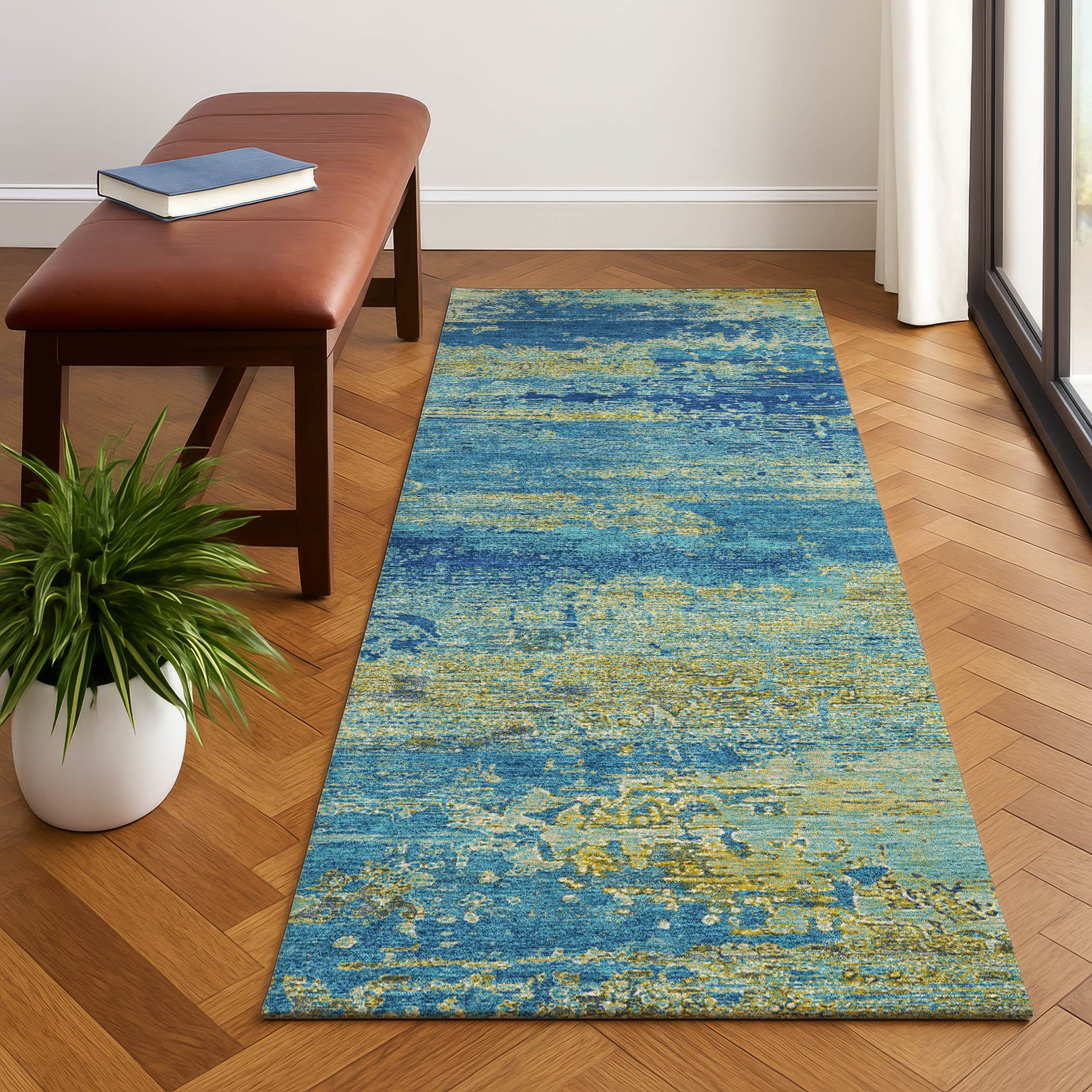 Porto Machine Washable Transitional Navy Blue Rug 2'3" x 7'6" #shape_Runner