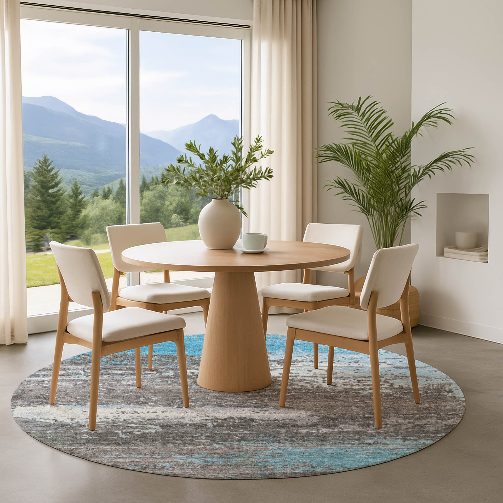 Porto Machine Washable Transitional Teal Rug 8' x 8' #shape_Round