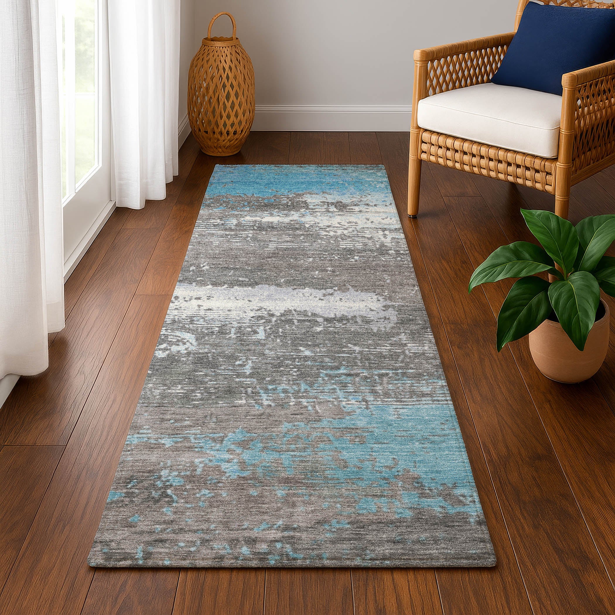 Porto Machine Washable Transitional Teal Rug 2'3" x 7'6" #shape_Runner