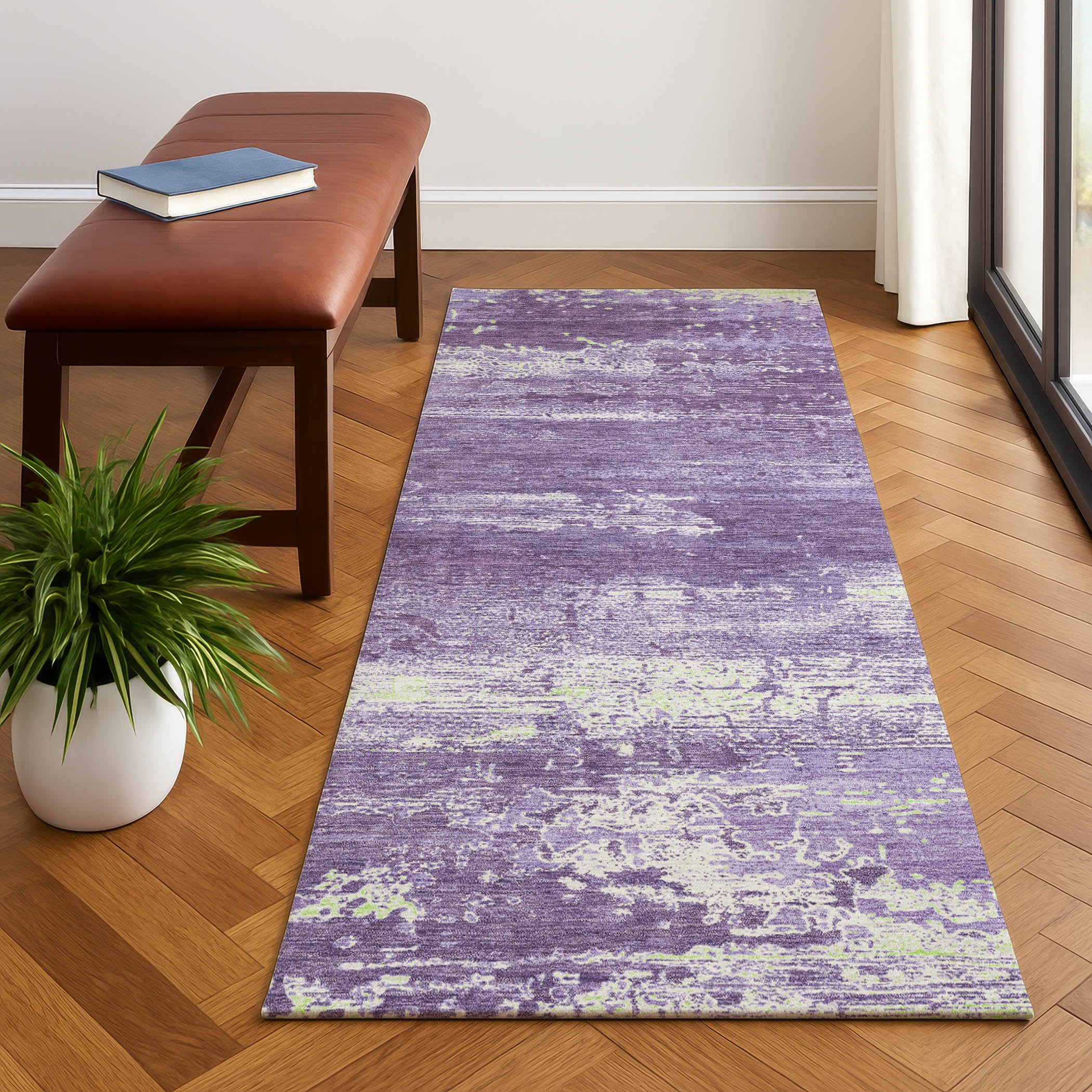 Mdina Machine Washable Transitional Purple Rug 2'3" x 7'6" #shape_Runner