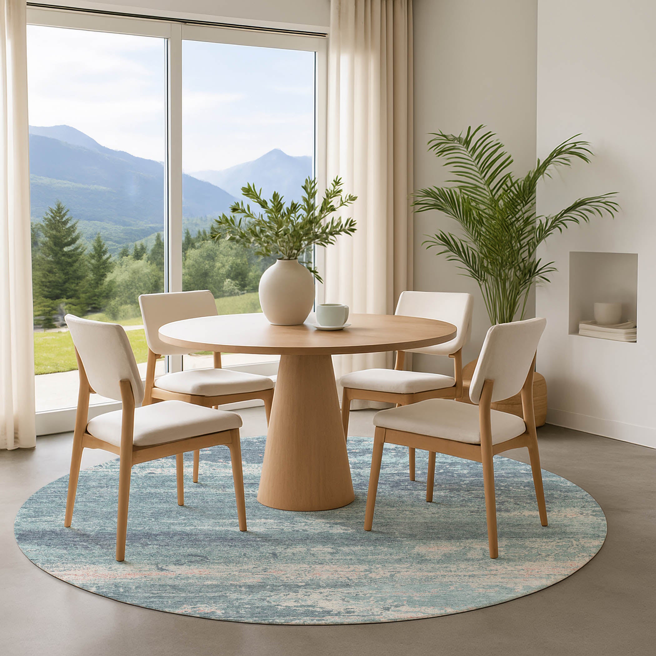Mdina Machine Washable Transitional Teal Rug 8' x 8' #shape_Round