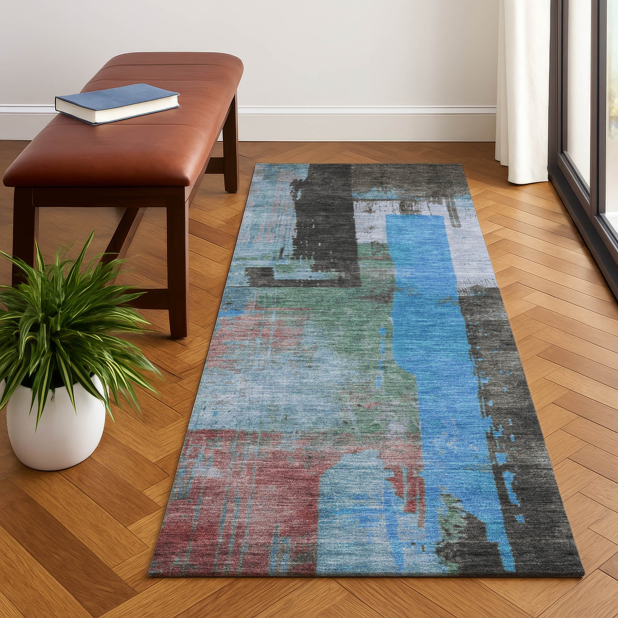 Bruges Machine Washable Transitional Sky Blue Rug 2'3" x 7'6" #shape_Runner