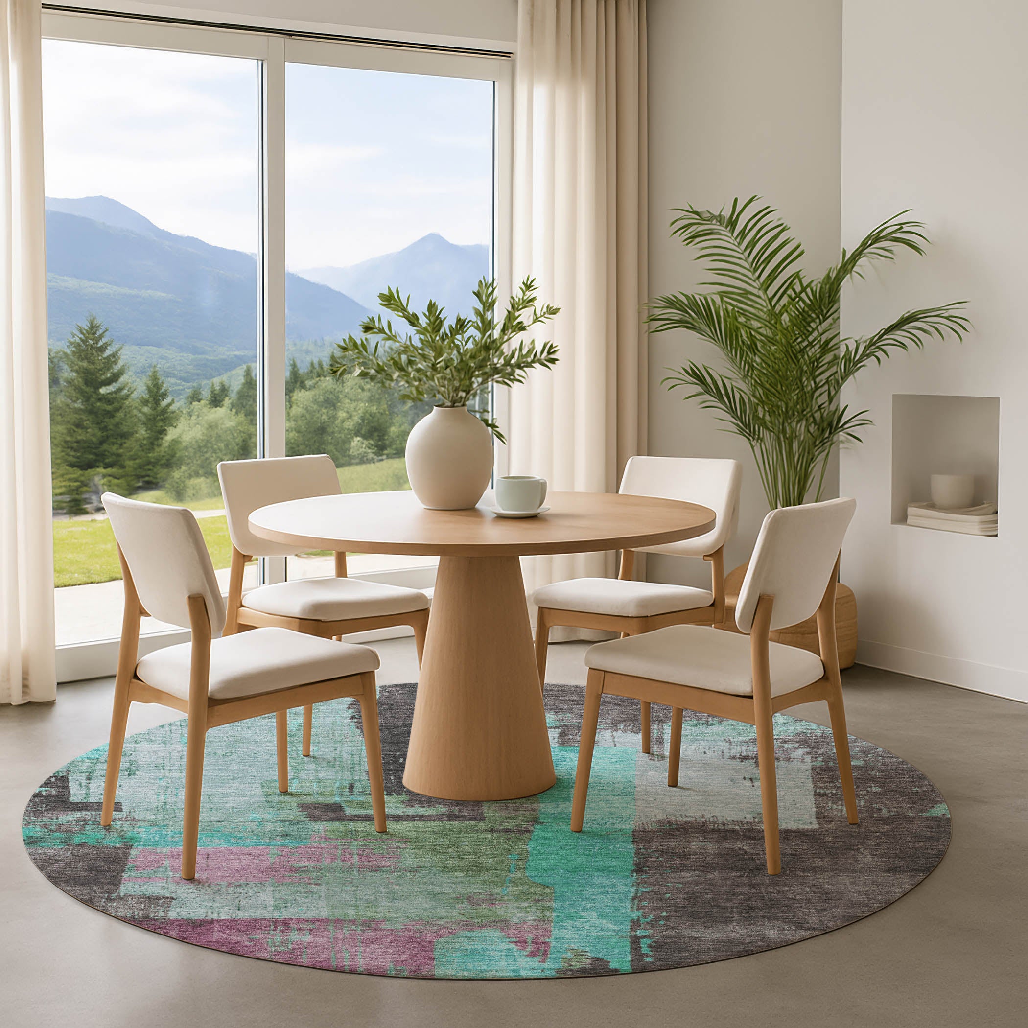 Bruges Machine Washable Transitional Teal Rug 8' x 8' #shape_Round