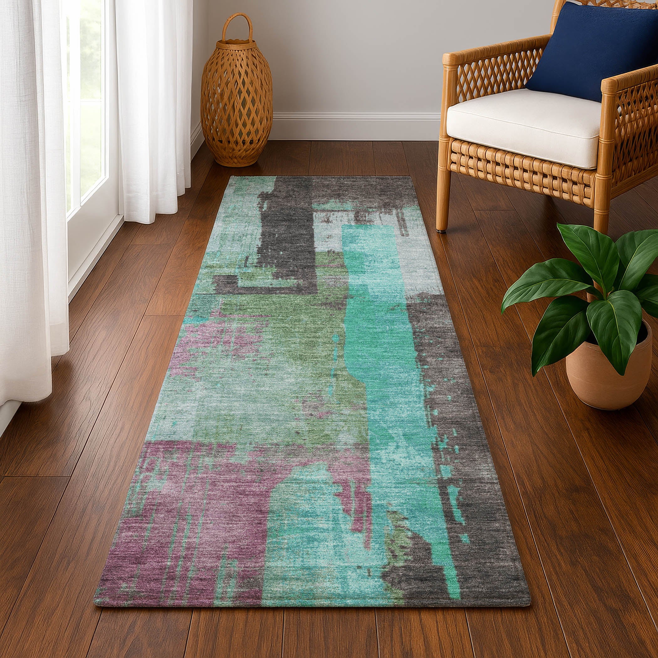 Bruges Machine Washable Transitional Teal Rug 2'3" x 7'6" #shape_Runner