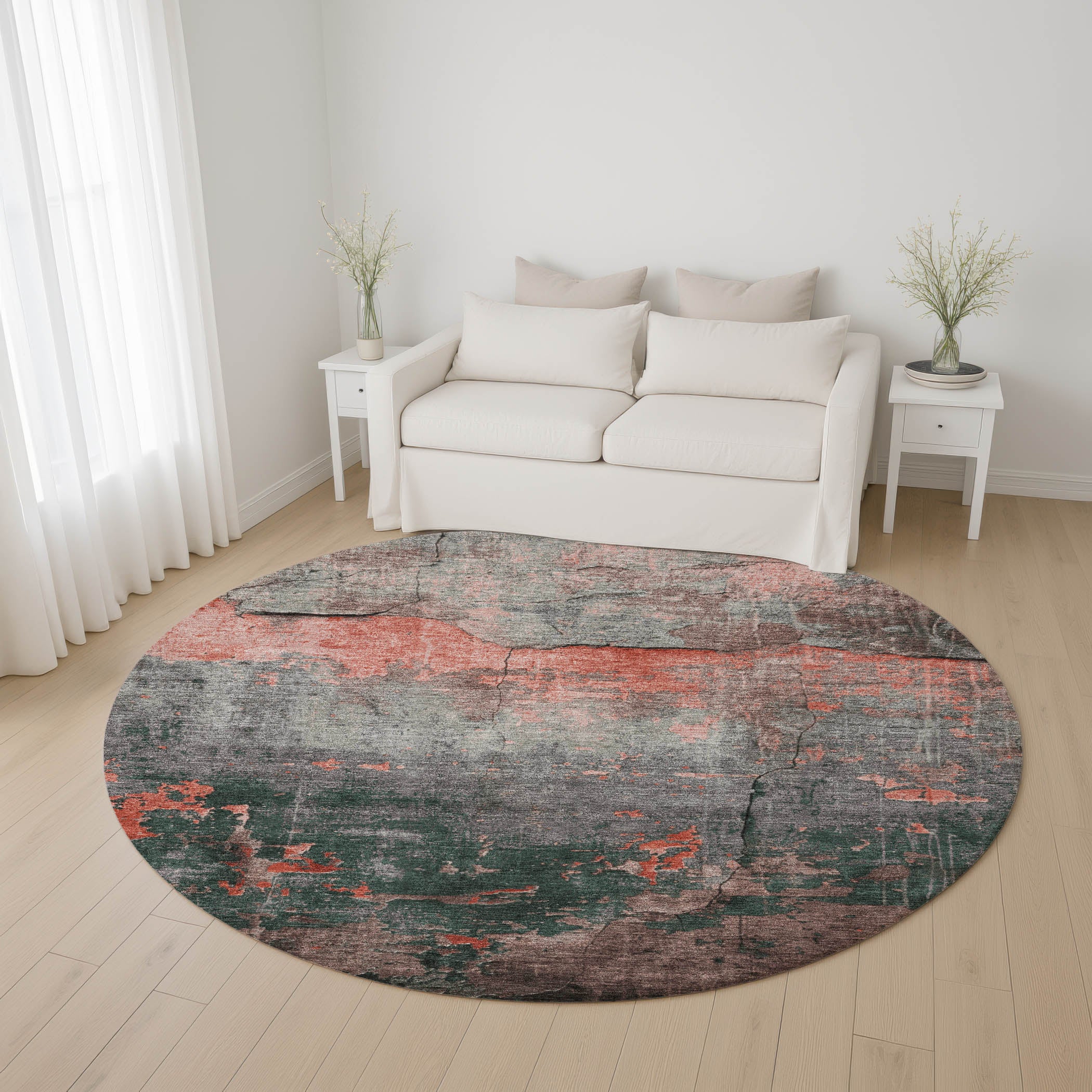 Kathmandu Machine Washable Transitional Coral Orange Rug 8' x 8' #shape_Round