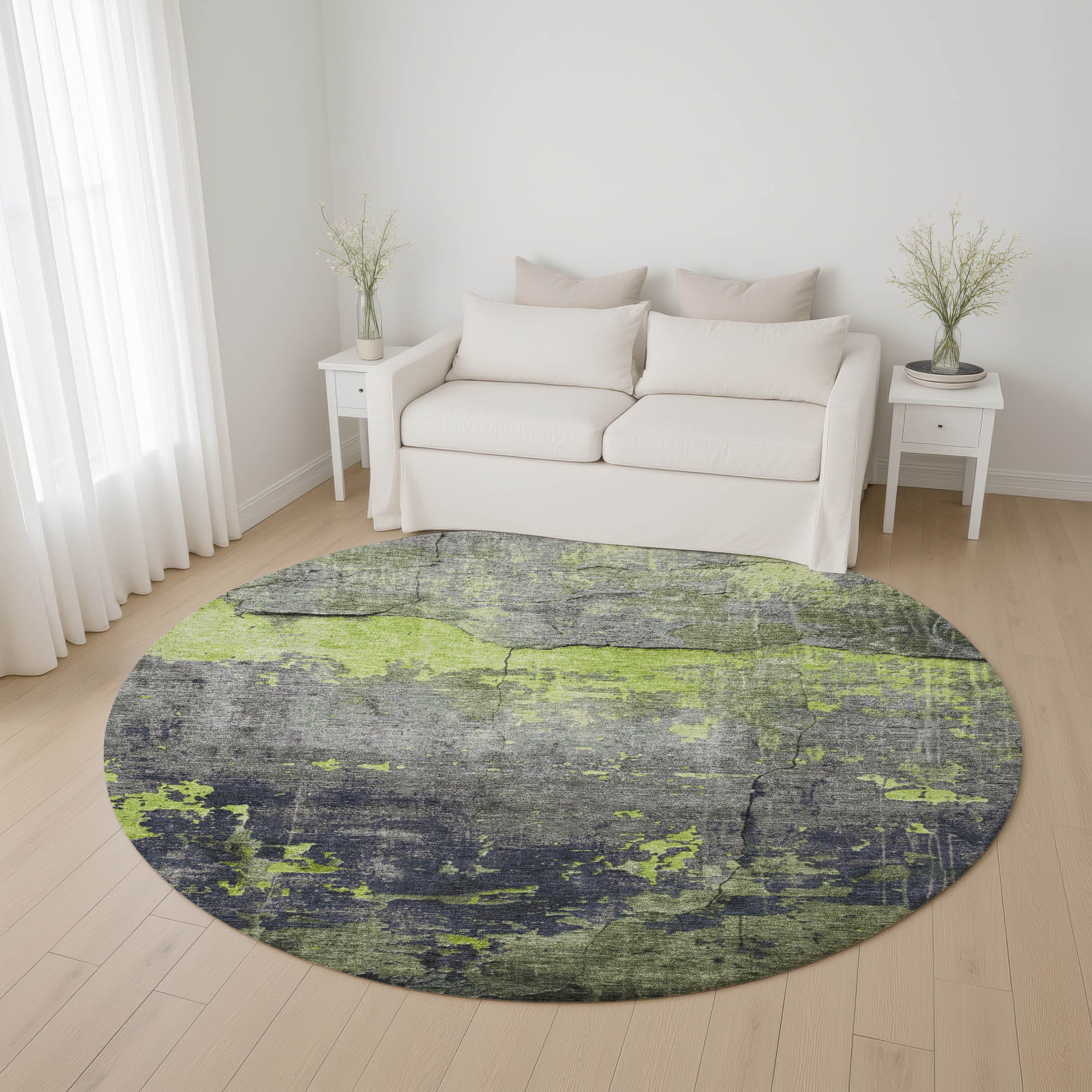 Kathmandu Machine Washable Transitional Lime Green Rug 8' x 8' #shape_Round