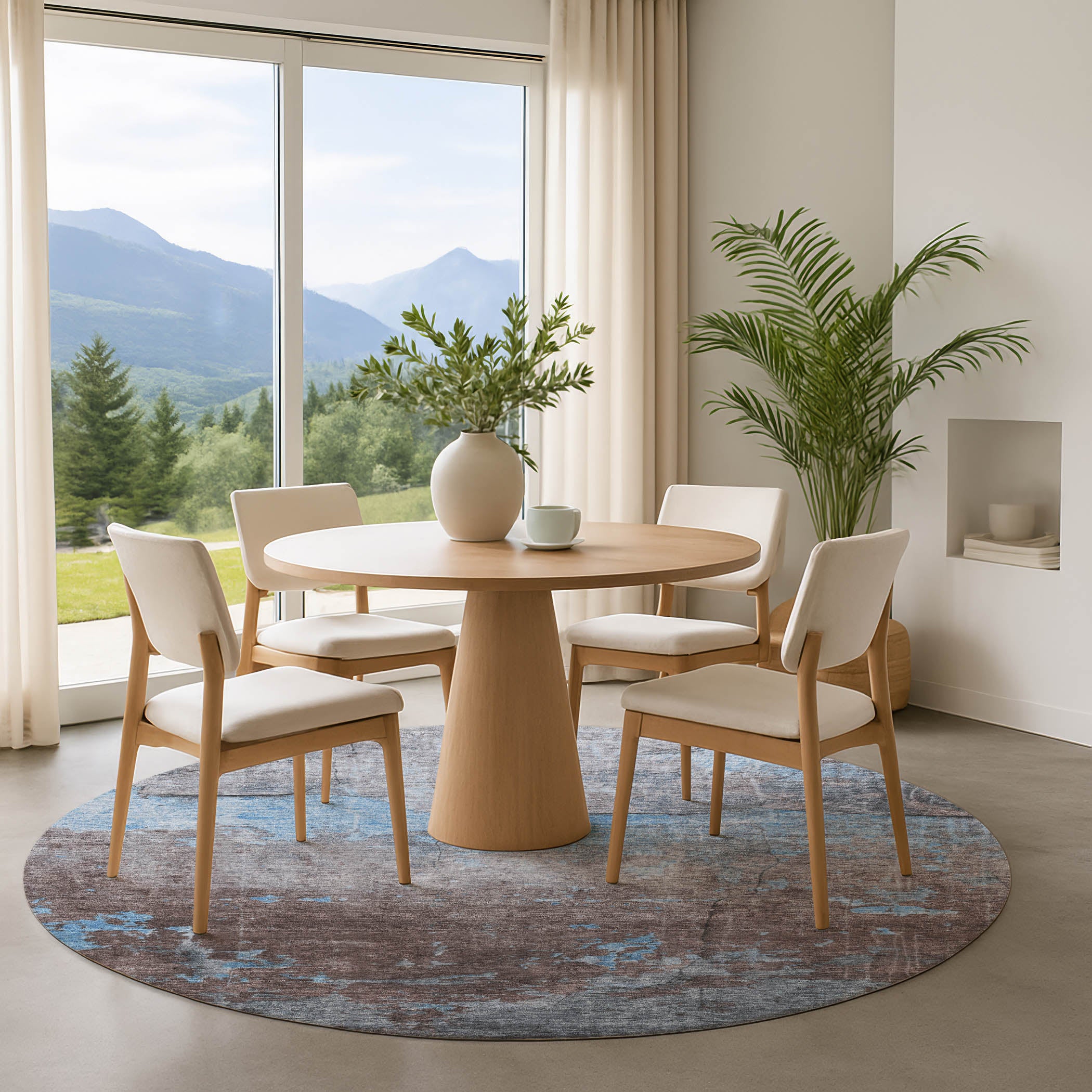 Kathmandu Machine Washable Transitional Sky Blue Rug 8' x 8' #shape_Round