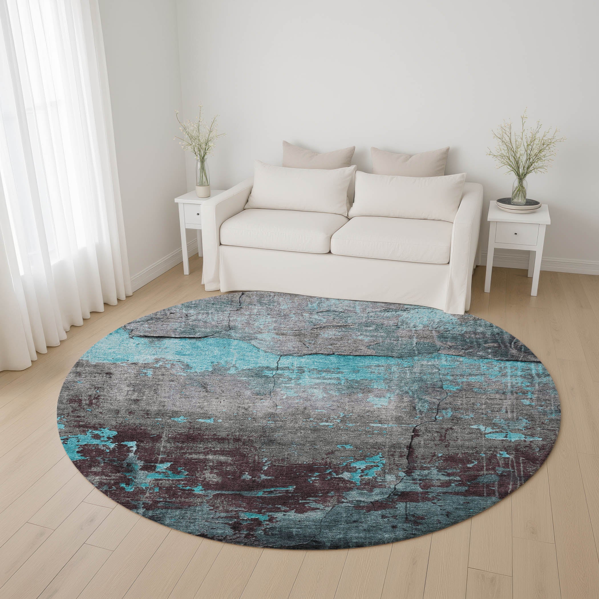Kathmandu Machine Washable Transitional Teal Rug 8' x 8' #shape_Round