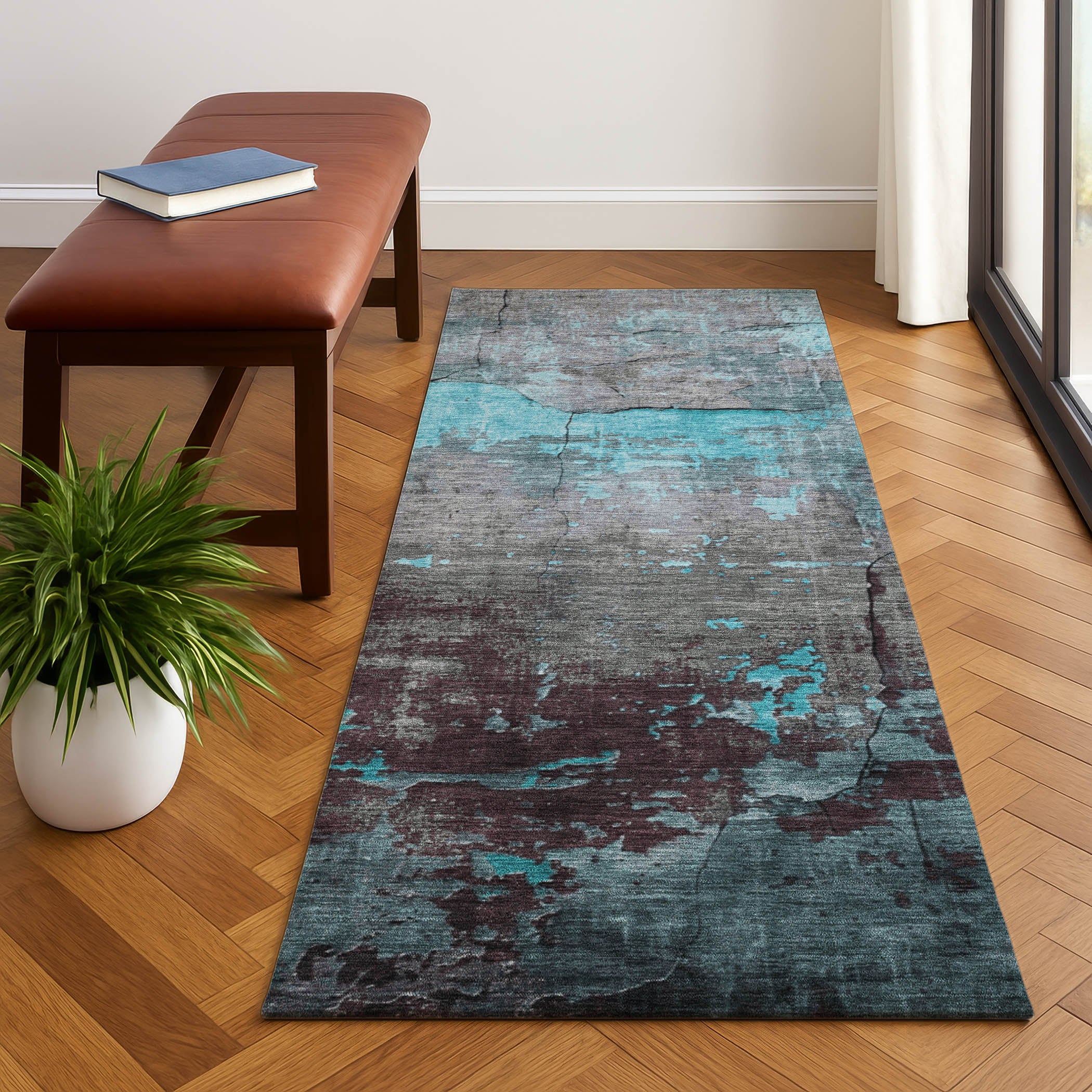 Kathmandu Machine Washable Transitional Teal Rug 2'3" x 7'6" #shape_Runner