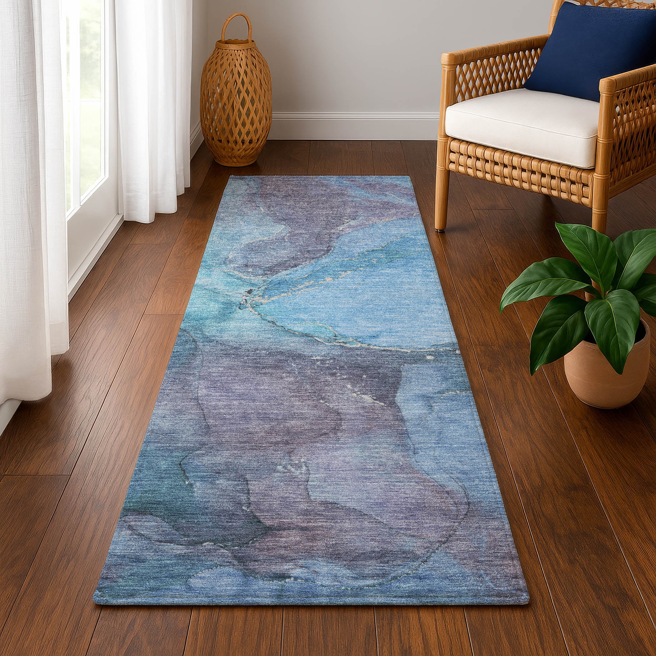 Antigua Machine Washable Transitional Blue Rug 2'3" x 7'6" #shape_Runner
