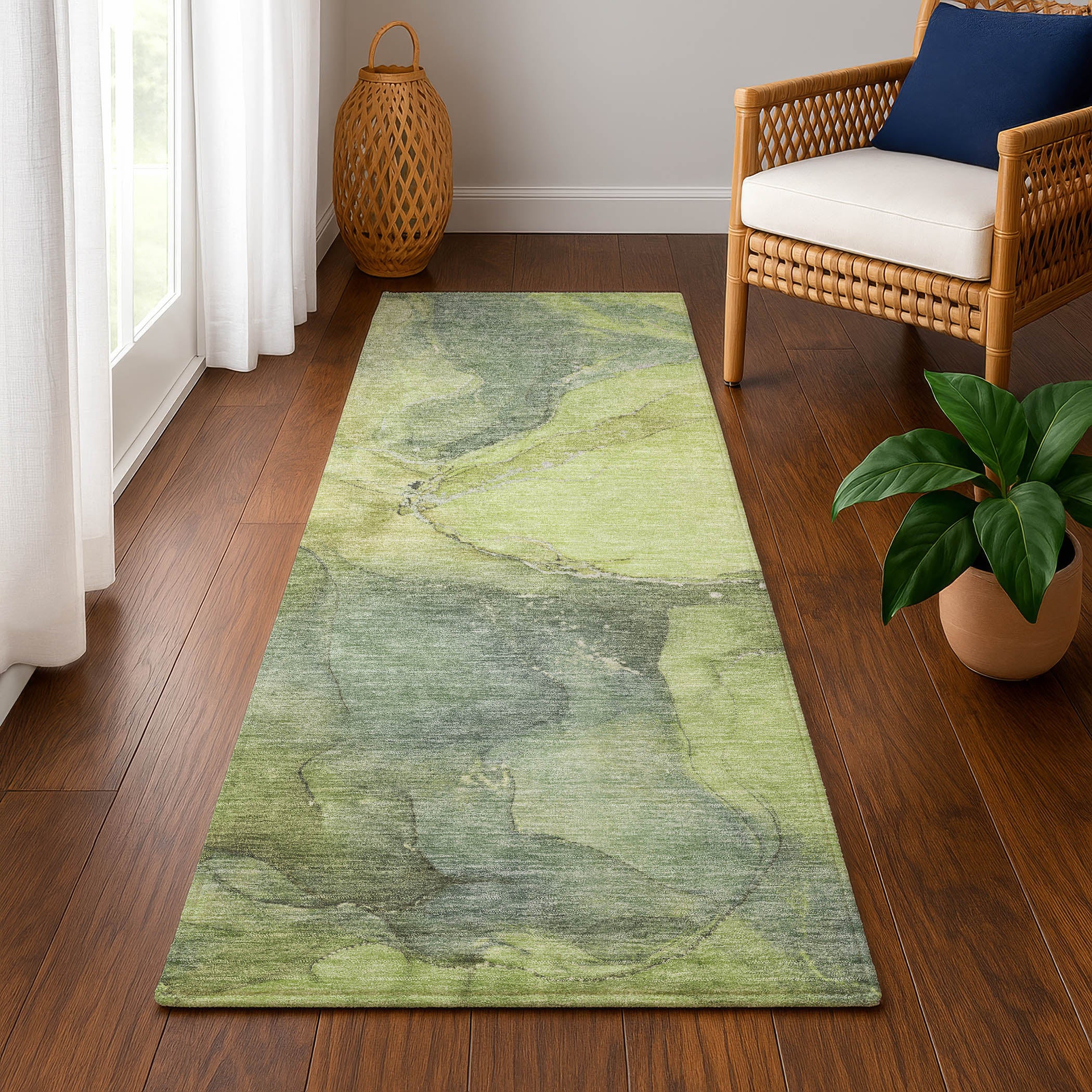 Antigua Machine Washable Transitional Green Rug 2'3" x 7'6" #shape_Runner