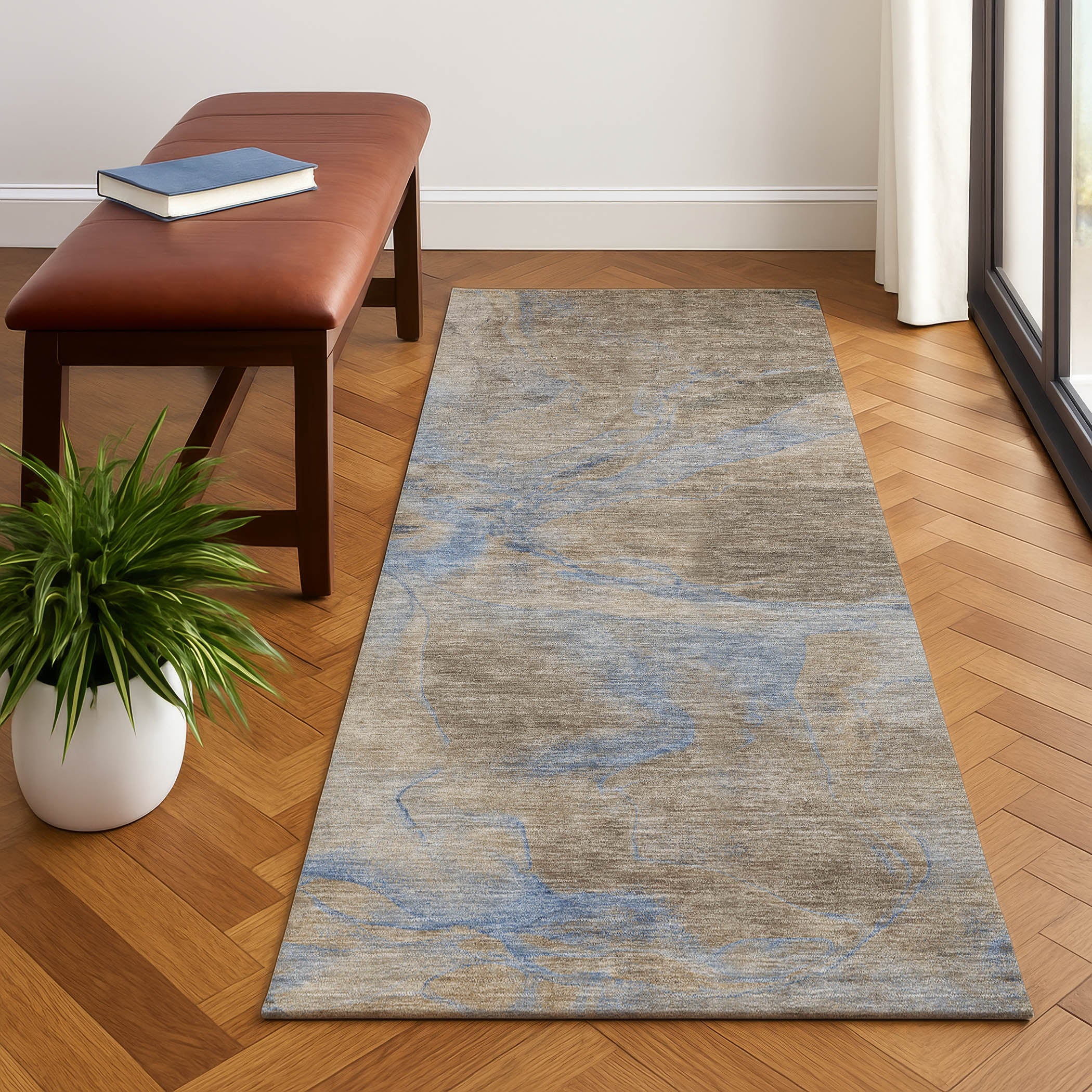 Antigua Machine Washable Transitional Taupe Brown Rug 2'3" x 7'6" #shape_Runner