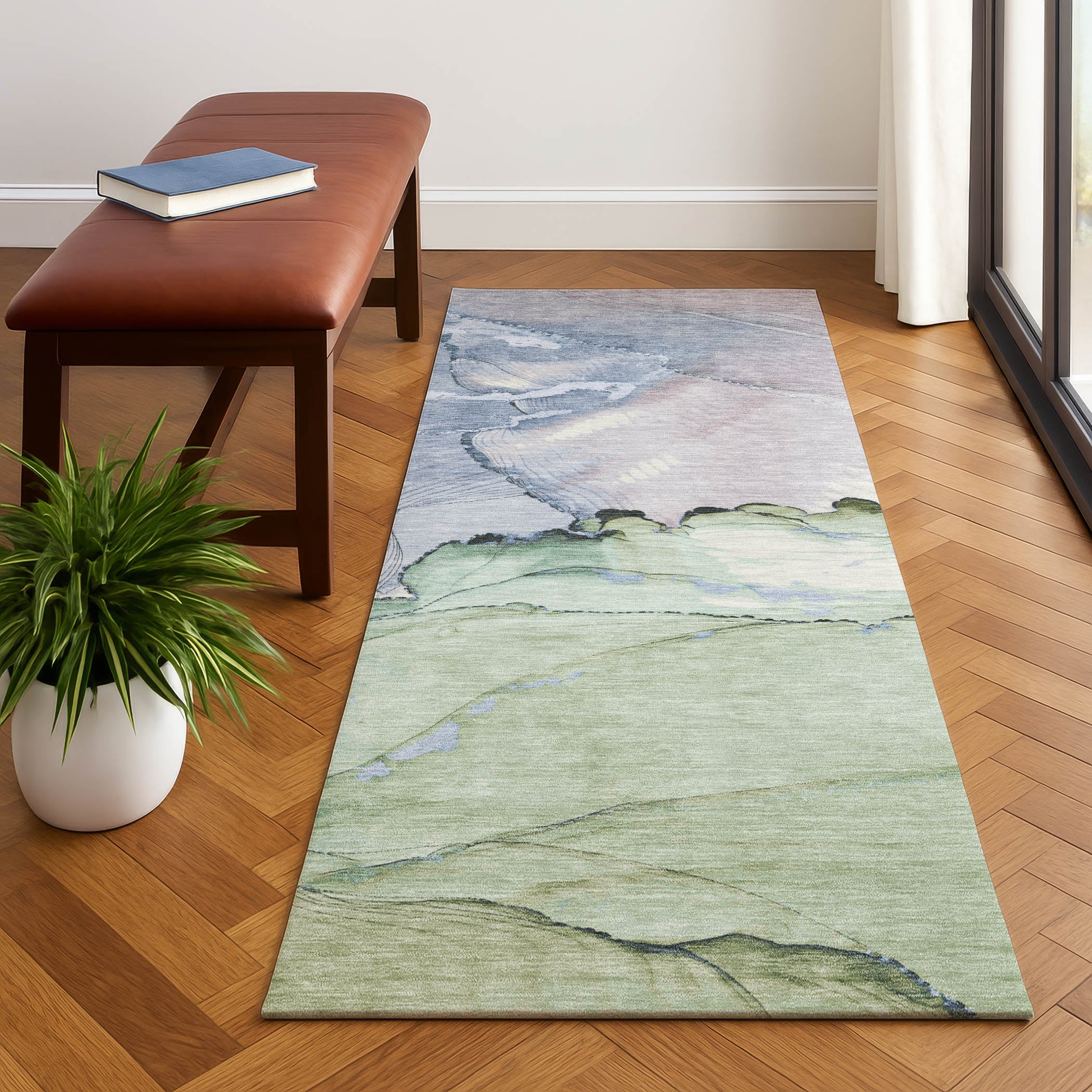 Bruges Machine Washable Transitional Aloe Green Rug 2'3" x 7'6" #shape_Runner
